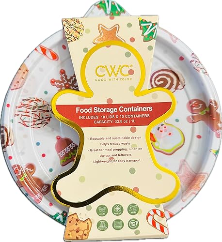 COOK WITH COLOR Recipiente de almacenamiento de alimentos, 10 tapas y 10 contenedores, 33.8 onzas  1 l, edición redondafestiva (HLFS1)