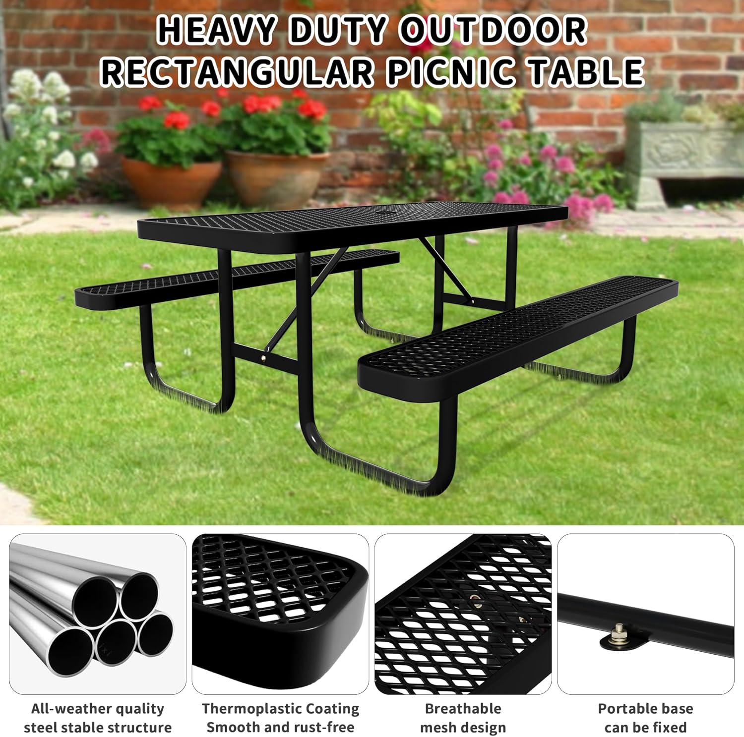 4FT & 6FT Outdoor Picnic Table, Rectangle Metal Picnic Table with Benches, Heavy-Duty Steel for Patio Garden Park Camping - Commercial & Residential Use, Weather Resistant, Easy Assembly (6FT)