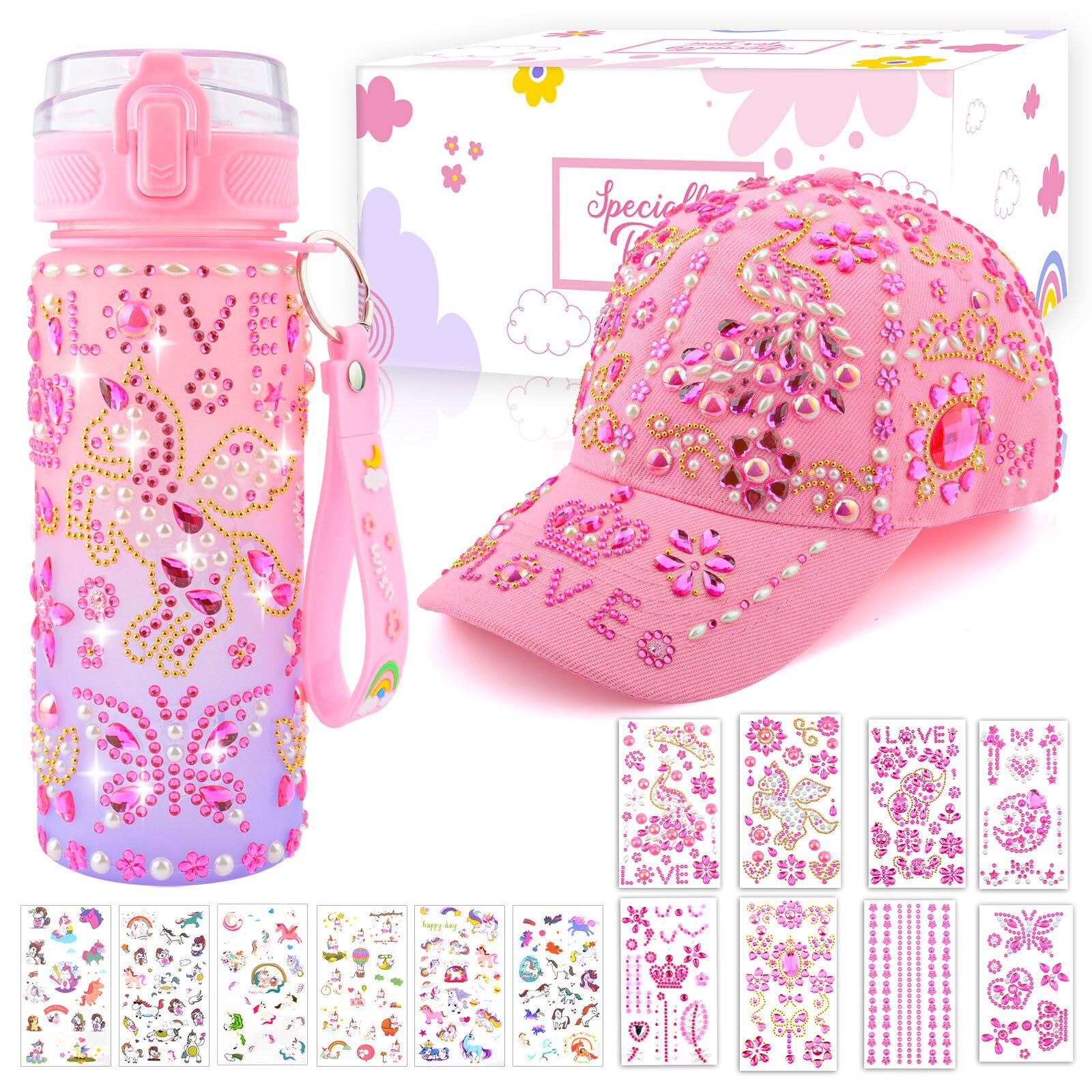 Easter Gifts for Girls 4 5 6 7 8 9 10 11 Year Old, Decorate Your Own Water Bottle Baseball Cap with Cute Unicorn Stickers, Fun Arts and Crafts for Kids Ages 4-6-8-10, Toys Gifts for Birthday Christmas