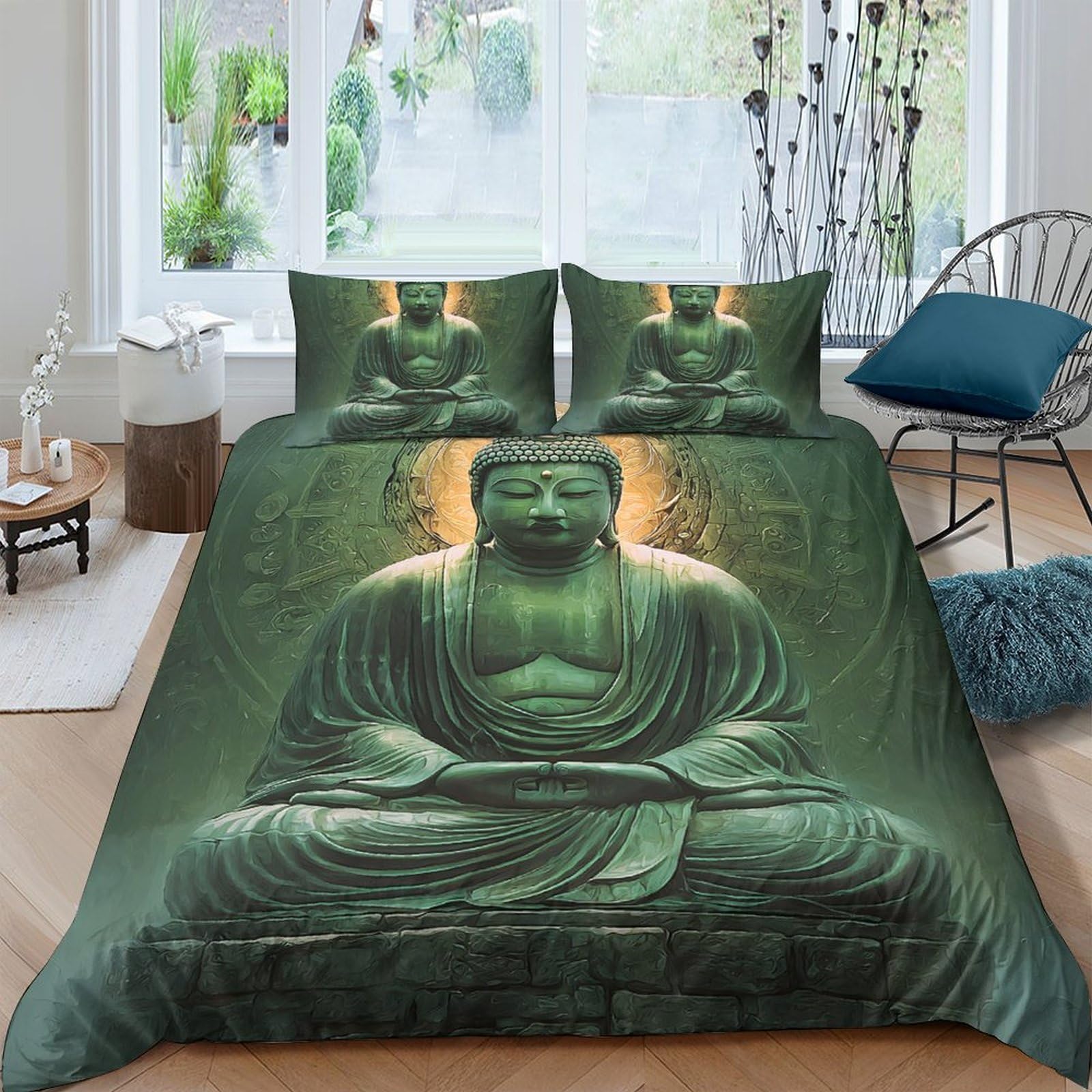 Ctjqhvkz Style-8 3D Printed Buddha Zen Fitted Sheet Microfiber Soft Green Statue Bed Cover Decor For Bedroom Dorm Guest Room Single（135X200cm）