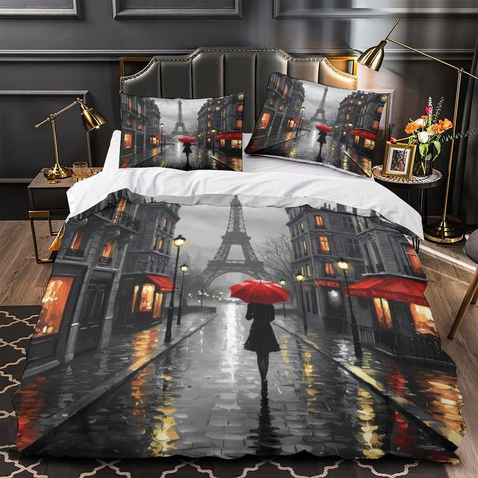 Drap de couette nuit romantique pluvieuse Paris pour déco chambre ado
