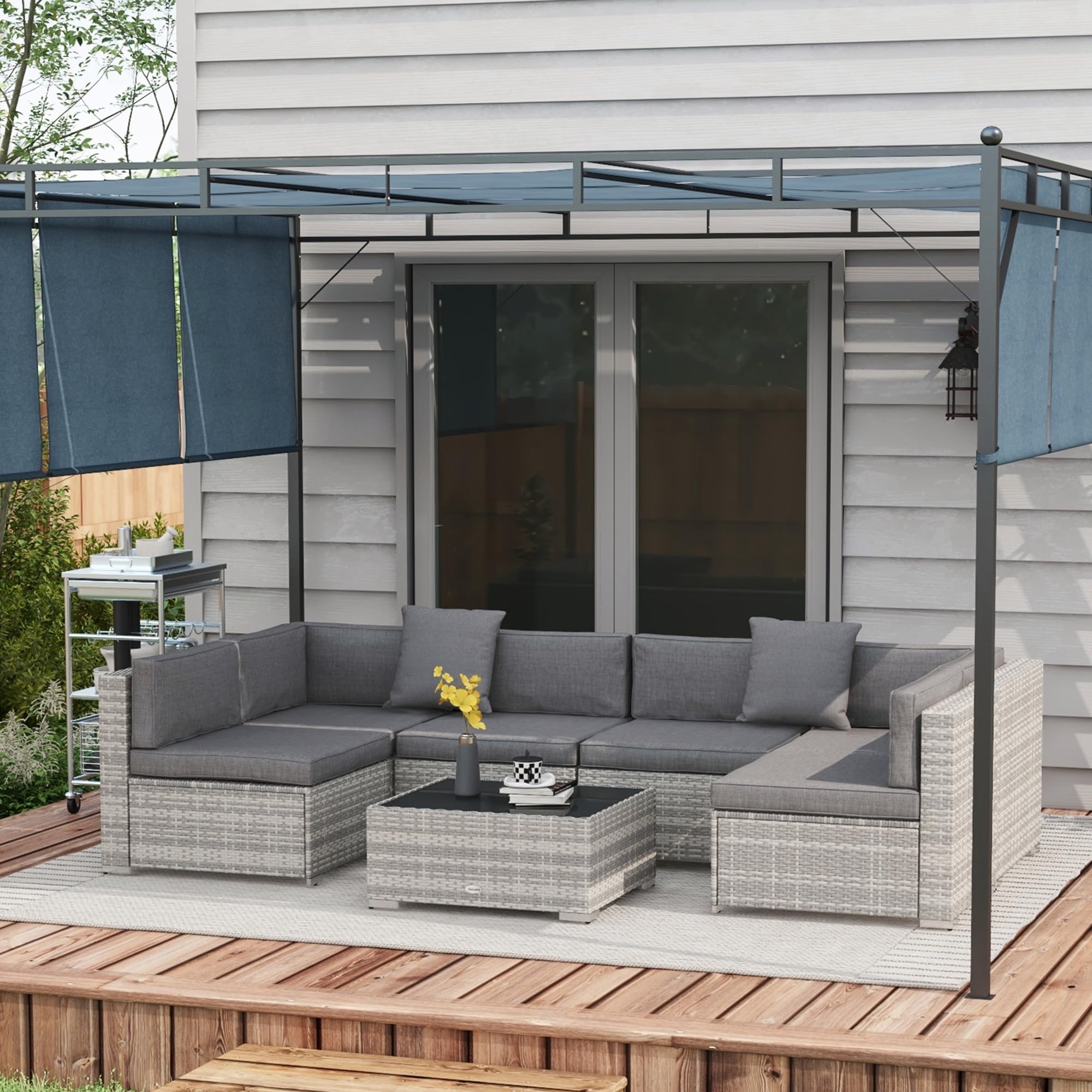 Outsunny Ensemble Salon de Jardin 7 pièces modulables, Coussins déhoussables Inclus, Table Basse avec Plateau Verre trempé, en résine tressée, Gris