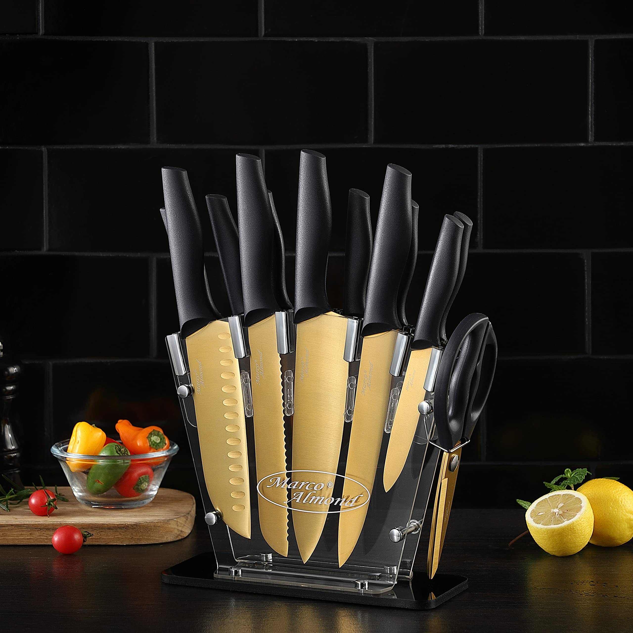 Buy Marco Almond Golden Titanium Knife Set with Acrylic Stand, Kitchen