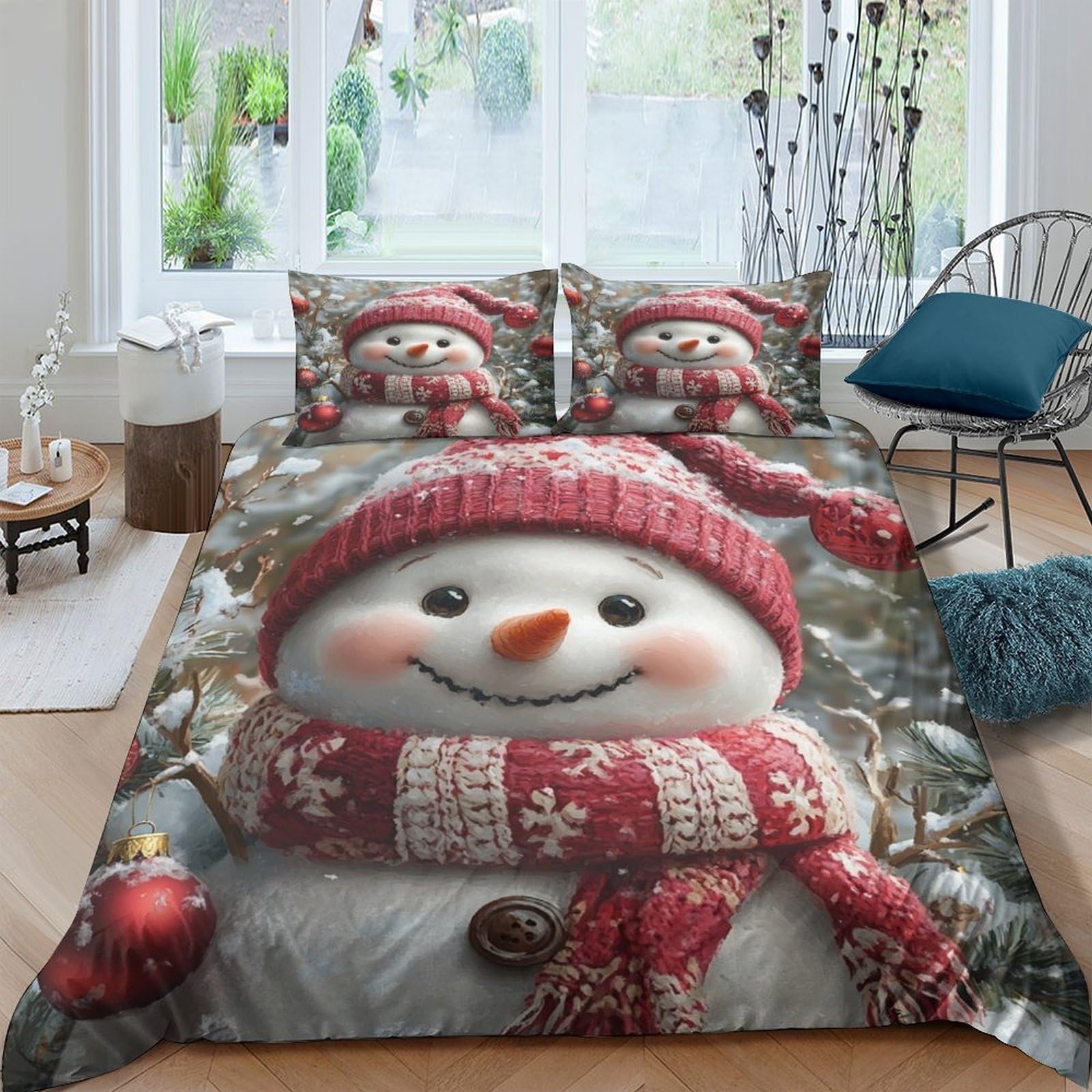 Ctjqhvkz Style-2 3D Printed Snowman Christmas Red Hat Fitted Sheet Microfiber Soft Bed Cover Non Slip For Bedroom Dorm Decor Single（135X200cm）