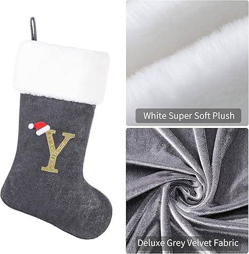 Miniatura 3 de Calcetín de Navidad con monograma de 20 pulgadas, cuerpo de terciopelo gris de lujo con puño de felpa súper suave letra bordada (A)