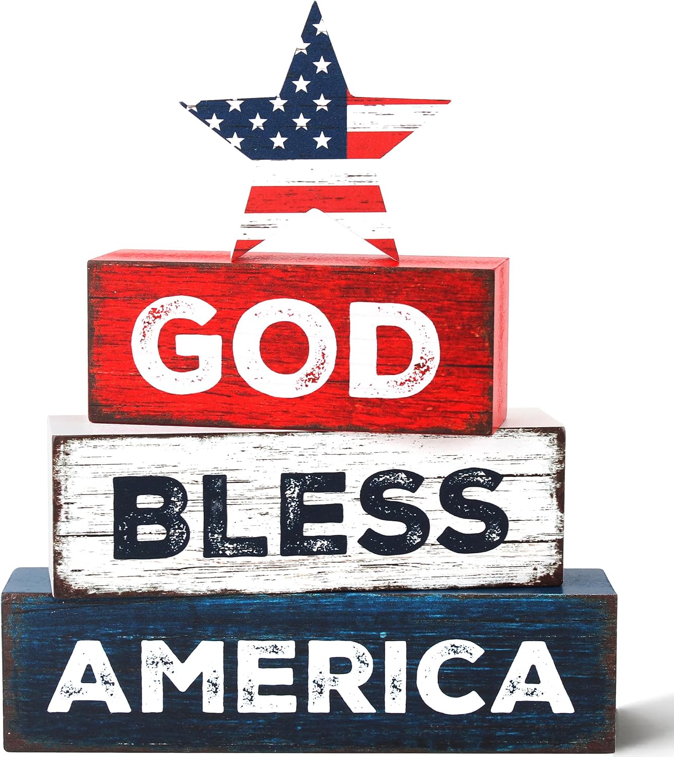 4 Pcs 4th of July Patriotic Wooden Tiered Tray Decor, Independence Day Decorations Gifts for Home, Memorial Day Red White Blue Table Centerpiece for 250th Anniversary Office Party Shelf Kitchen