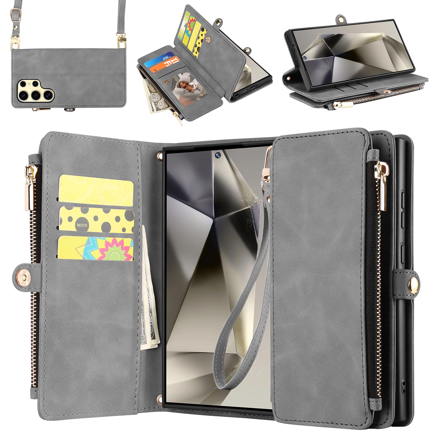 ELESNOW Wallet Samsung Galaxy S24 Ultra Case for Women Men, PU Leather with Card Holder [RFID Blocking] Wrist Strap Crossbody Zipper Stand Magnetic Flip Phone Case Cover for Samsung S24 Ultra, Gray