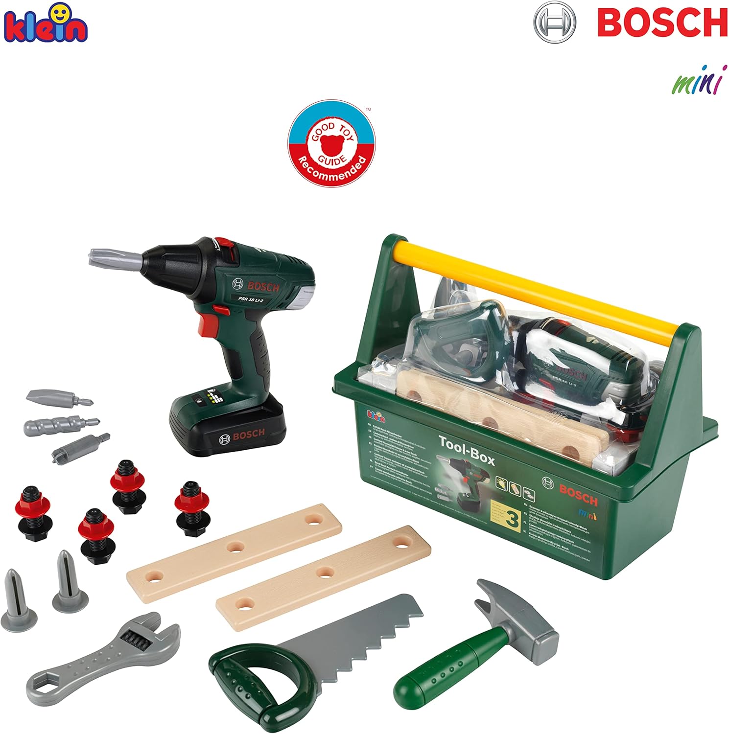Klein Theo 8520 Bosch Tool Box I with Hammer, Saw, Adjustable Wrench and Much More I Incl. Battery-Powered Cordless Screwdriver with Light and Sound I Toy for Children Aged 3 Years and up