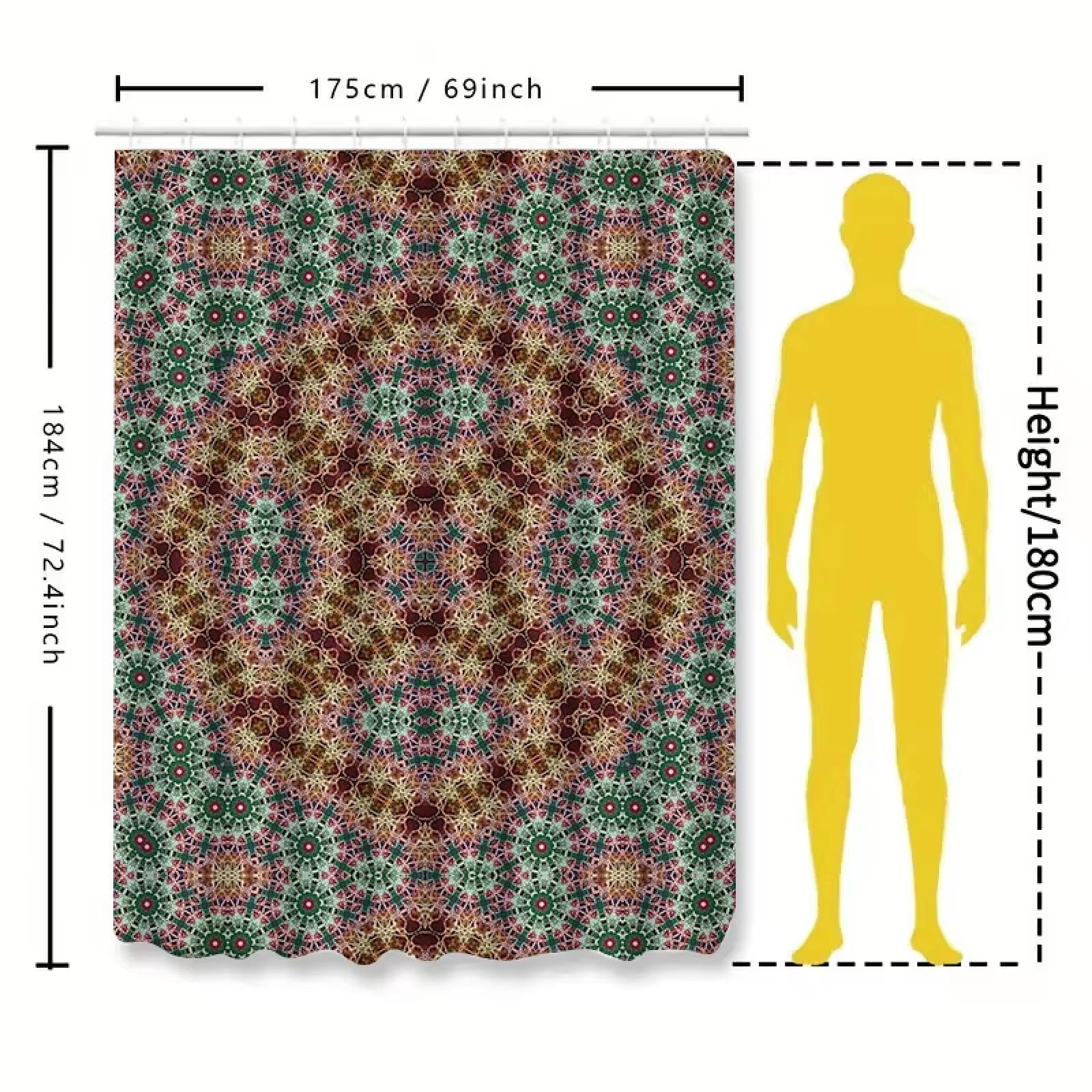 Rideau de Douche kaléidoscope Rouge, Vert et Jaune, Motif Floral Unique, décoration d'intérieur, Salle de Bain, Tissu imperméable, 280 x 200 cm (110 x 79 Pouces)