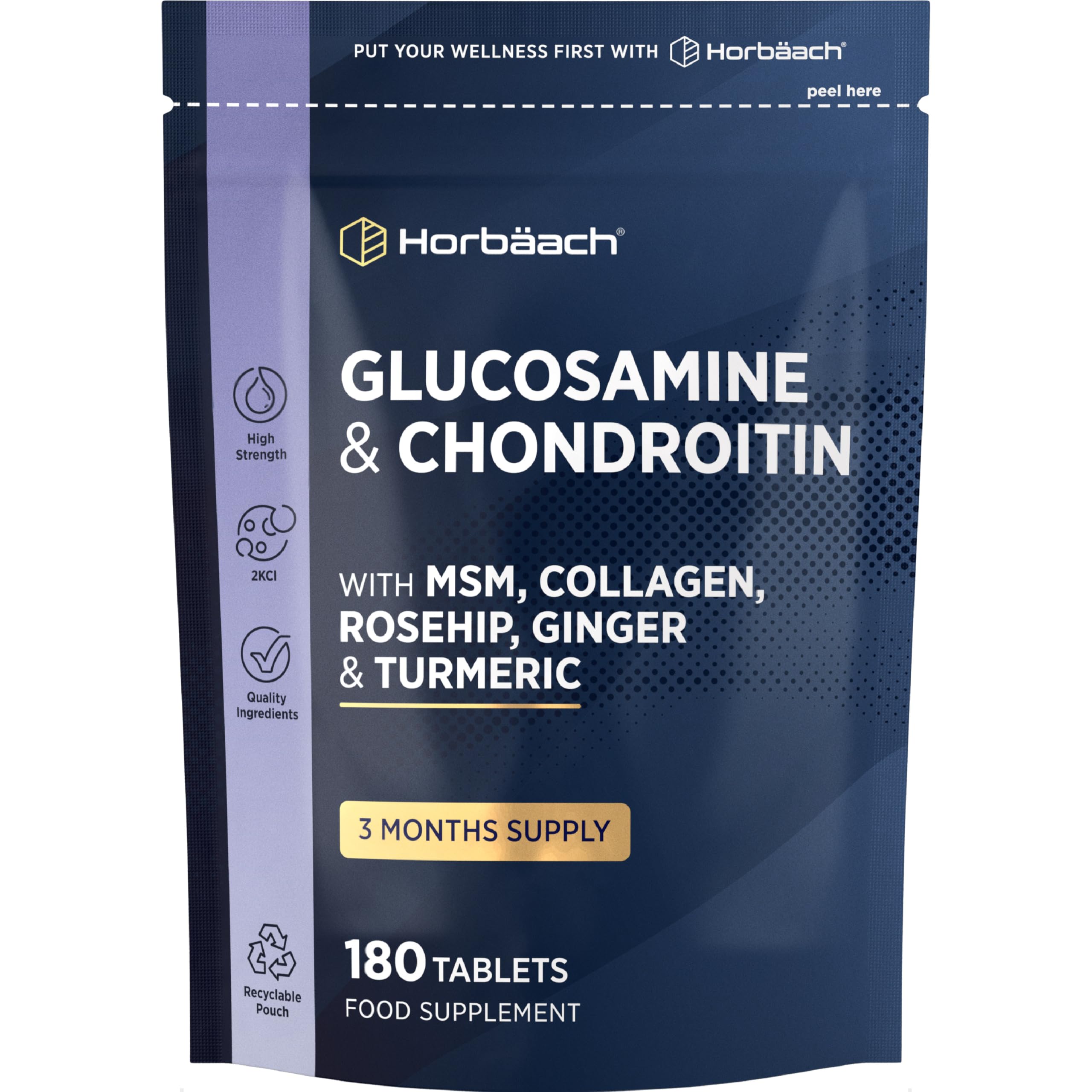 Glucosamine and Chondroitin High Strength 7-in-1 | 180 Tablets | 1200mg Complex with Glucosamine Sulphate 2KCl, MSM, Collagen and Ginger Root | Supplement for Men and Women | by Horbaach