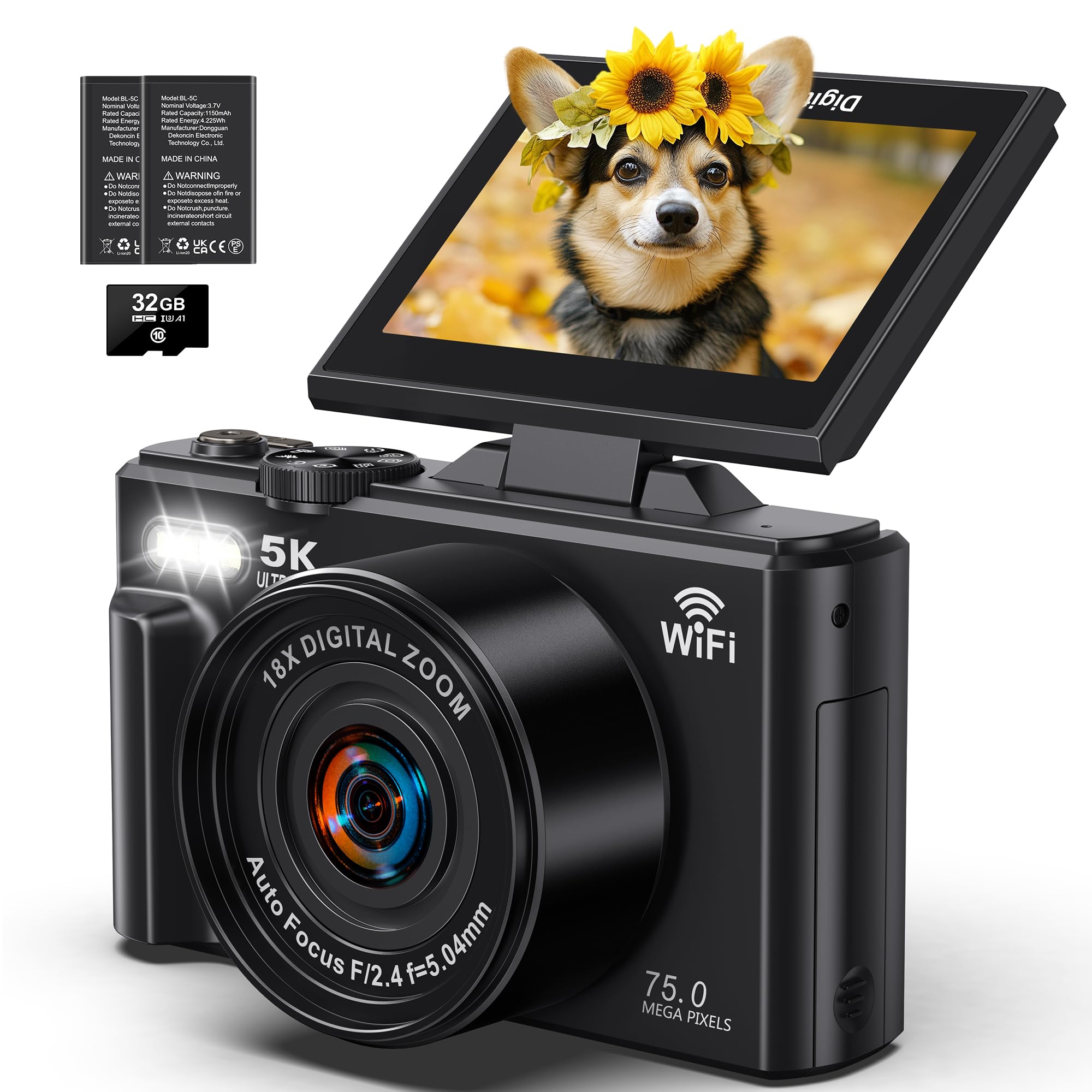 Foto de Cámara digital 5K – Cámaras WiFi de 75 MP para fotografía – Cámara de vlogging UHD para YouTube con pantalla abatible de 180° de 3 pulgadas – Cámara de viaje compacta de enfoque automático con zoom de (imagen 1)