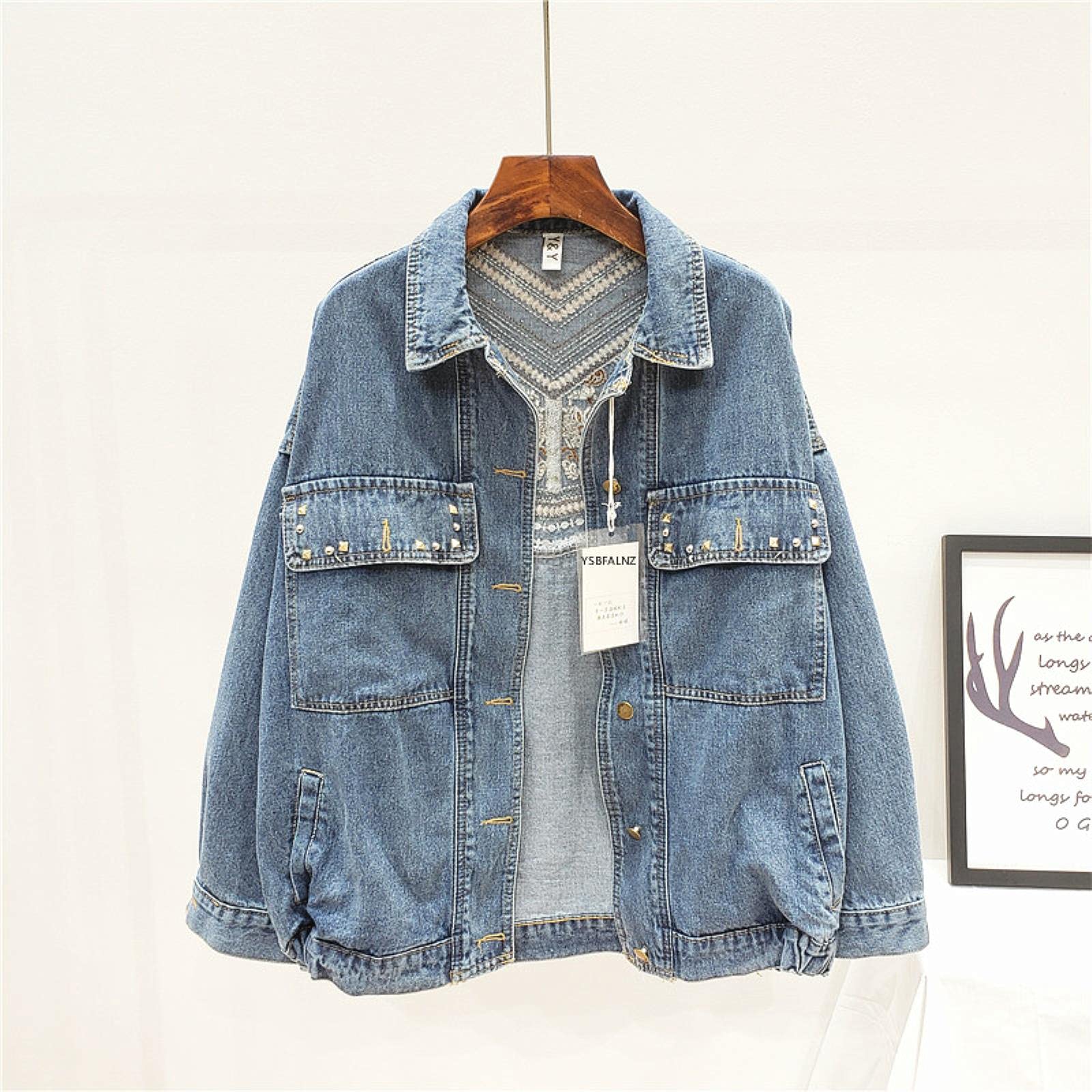 UKKO Giacca di Jeans Giacca in Denim Coreano Ricamo Floreale Nappa Giacca A Maniche Lunghe Giacca A Maniche Lunghe Giacca da Donna Veste Femme-Navy Blue,S