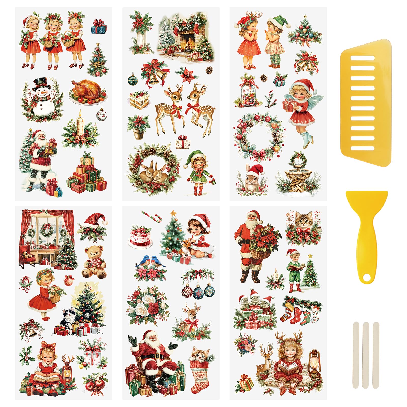 WANDIC 6 Sheets Christmas Rub On Transfer Sticker, Merry Christmas Stickers Transfer Decals for DIY Scrapbooking Photo Albums Furniture (Vintage Xmas, 15 * 30cm)