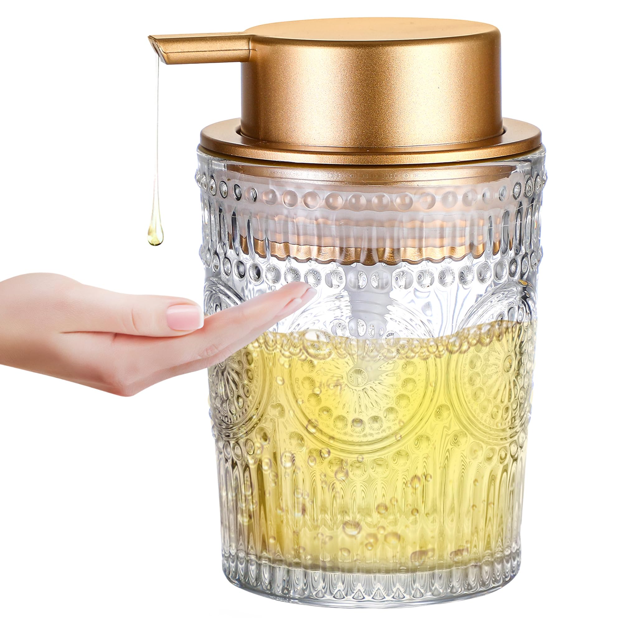 8 Oz Glass Dish Soap Dispenser for Bathroom Counter, Clear Hand Liquid Bottle with Gold Plastic Pump, Refillable Round Dish Lotion Dispensing for Kitchen Sink