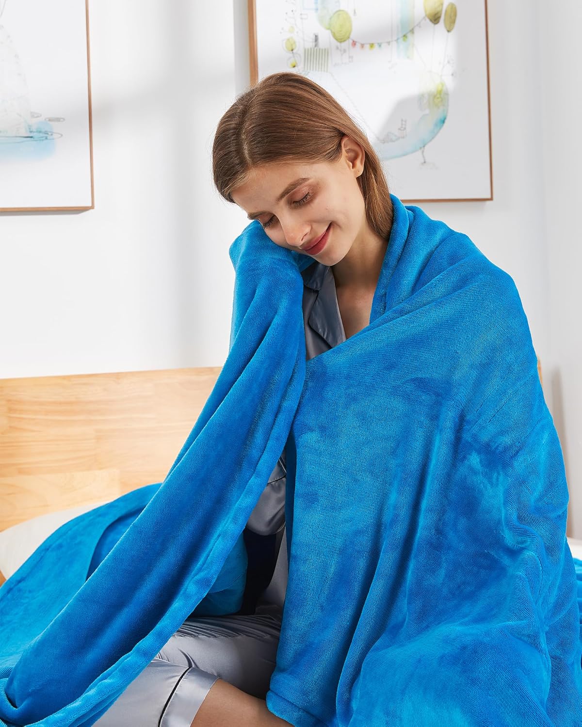 Electric Heated Blanket Twin, 62" x 84" Reversible Flannel Warming Blanket with 5 Heating Levels & 10 Hr Auto Off, Overheating Protection - Sea Blue