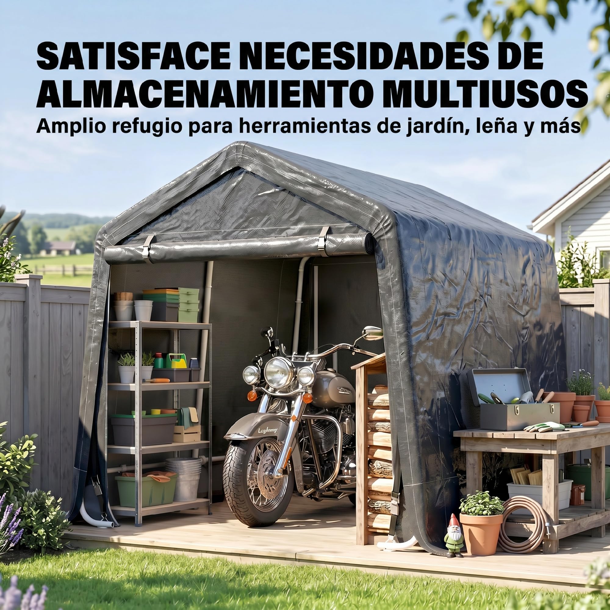 Outsunny Carpa de Jardín Exterior para Herramientas Bicicletas 2,8x2,4x2,4 m Cobertizo Exterior con Marco de Metal, Puerta Enrollable con Cremallera, Impermeable, Anti-UV, Garaje Portátil, Gris Oscuro