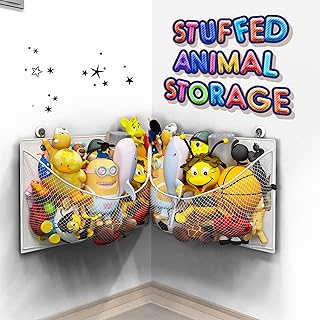 Stuffed Animal Storage Ideas, Stuffy Storage, Stuffed Animal net or Hammock, Kids Wall Corner Stuffed Animals Toy Hammock, Holder, Bear Organizer, Basket, Stuff, Zoo, Hardware Included (White)