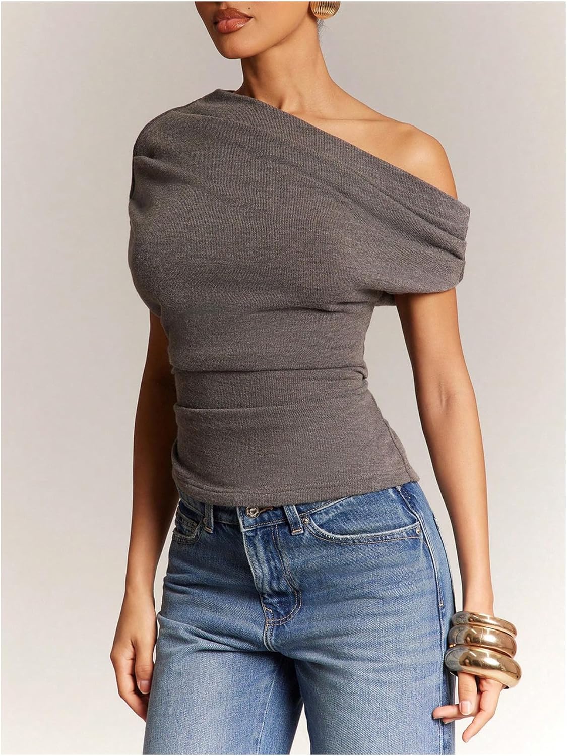 SHENHE Women's Off Shoulder Short Sleeve Knit Top Ruched Cinched Waist Dressy Going Out Top - Image 2