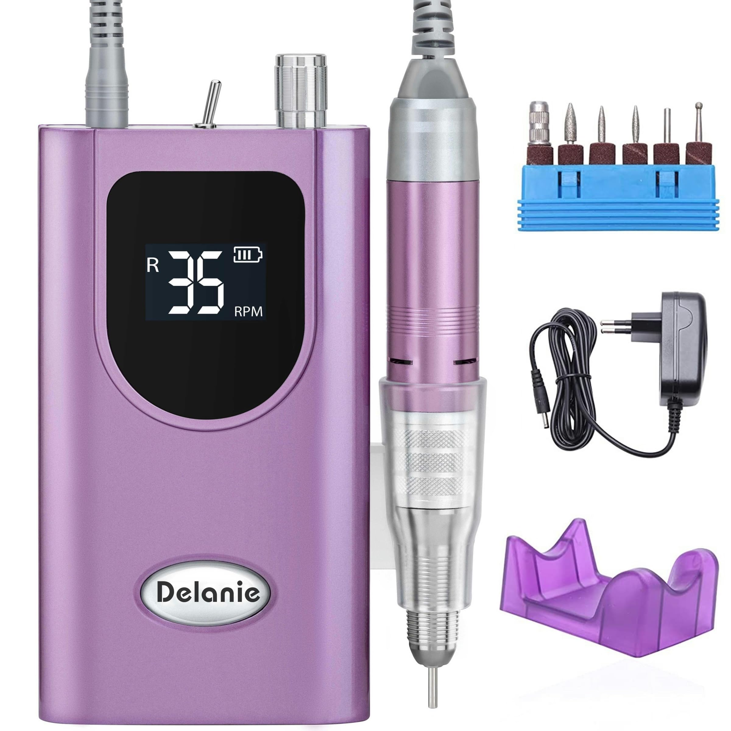 Delanie Torno para Uñas Profesional 35000rpm Portátil Recargable Inalambrico Eléctrico Acrílico de Gel Manicura y Pedicura con 6 fresas para torno manicura y Pantalla LCD