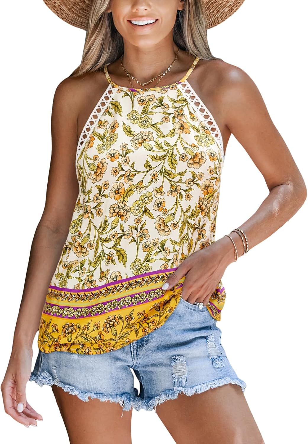 Women's Floral Top High Neck Boho Sleeveless Shirt Loose Fit Summer Beach Vacation Tank Top