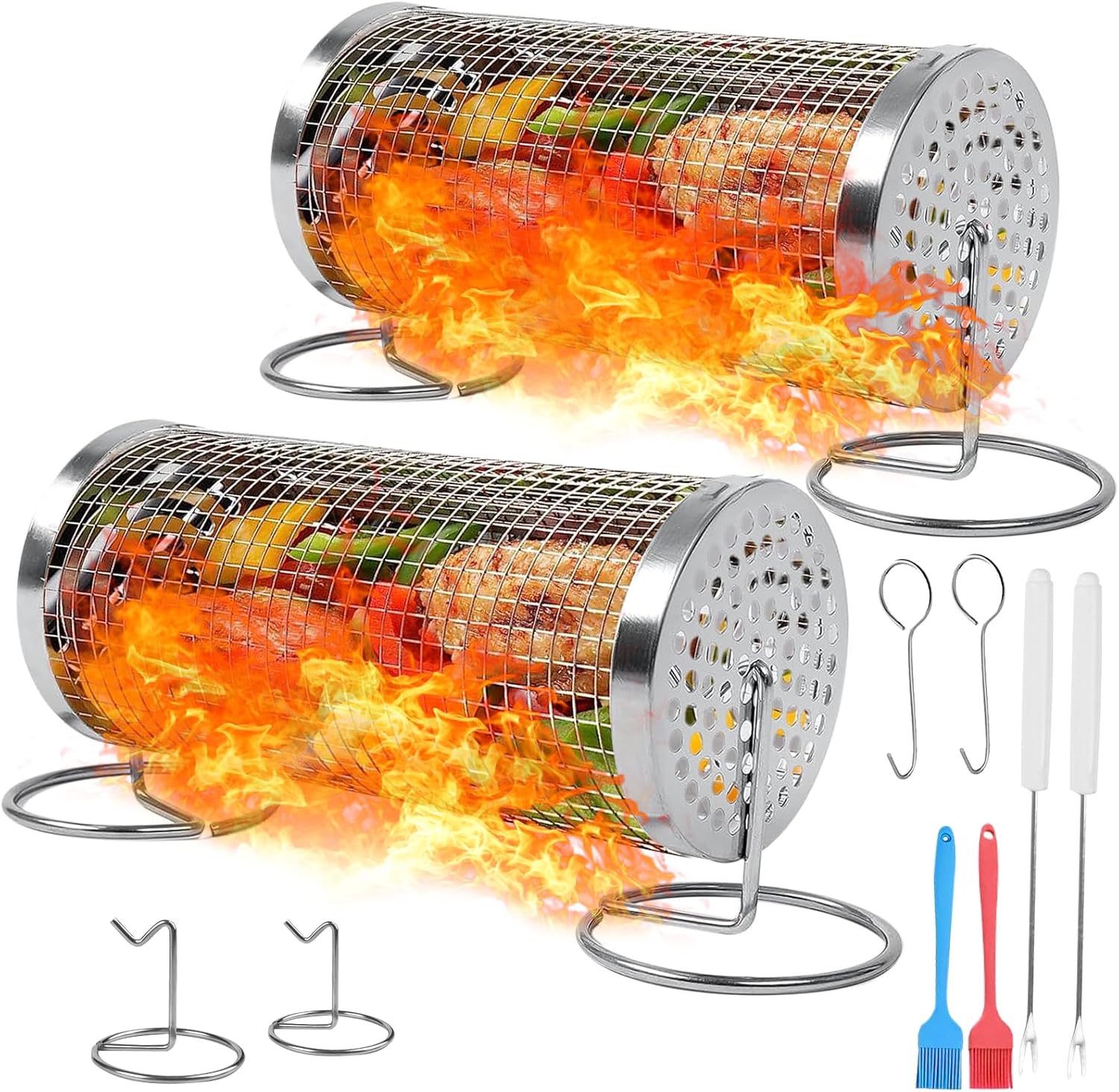 Grill Basket 2 PCS, 360 degree Rolling Grilling Basket, BBQ