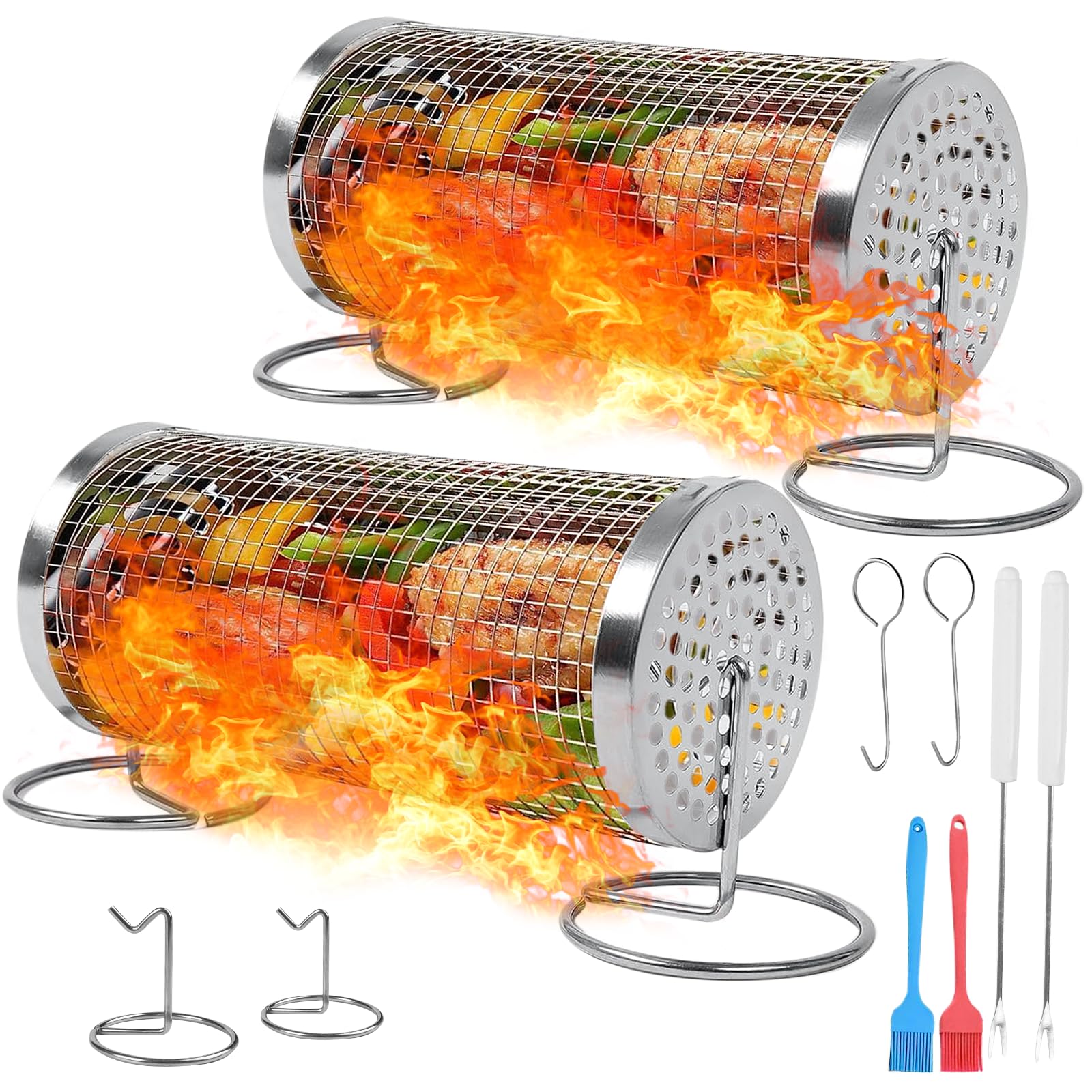 Grill Basket 2 PCS, 360 degree Rolling Grilling Basket, BBQ Grill Baske, Stainless Steel Grill Mesh Barbeque Grill Accessories, Vegetables, Fries (2 Pcs 30x9x9cm)