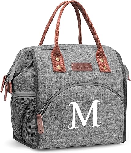 Lonchera con inicial para mujeres y mujeres, reutilizable, aislada, para adultos, bolsa de almuerzo de apertura amplia, bolsa enfriadora congelable