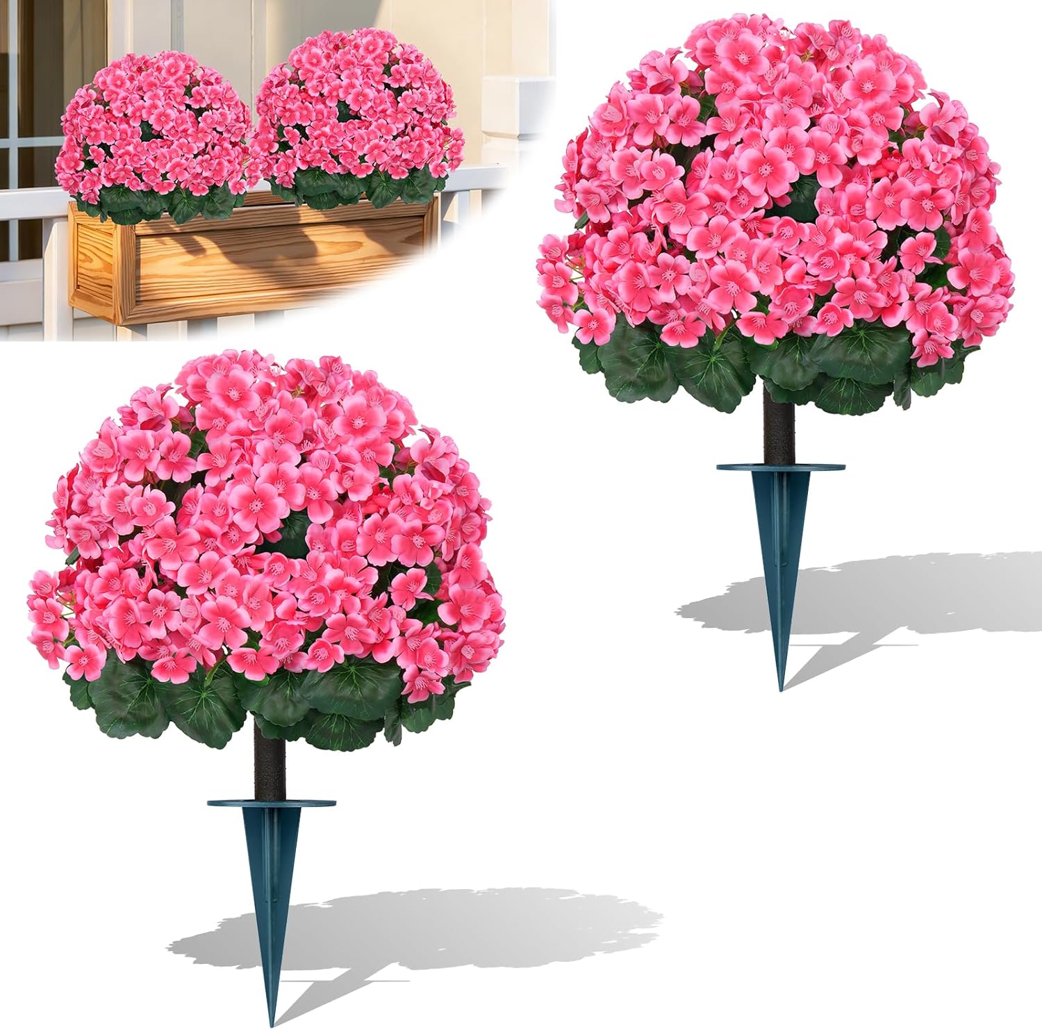 Artificial Topiary Pink Flowers for Outdoors, Fake Bushes Topiary Ball Trees Set of 2 with Ground Spikes, Lifelike UV Resistant Faux Plants for Front Porch Garden Patio Decor