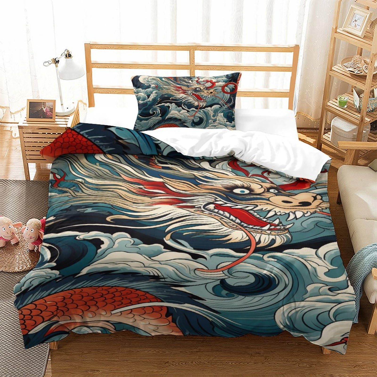 Housse de couette dragon 135 x 200 cm idéale pour chambre d'enfant