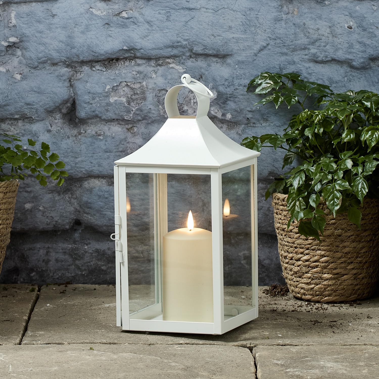 Lights4fun White 34 Cm Lantern Metal With Truglow® Led Candle With Timer Garden Lantern For Outdoor Use