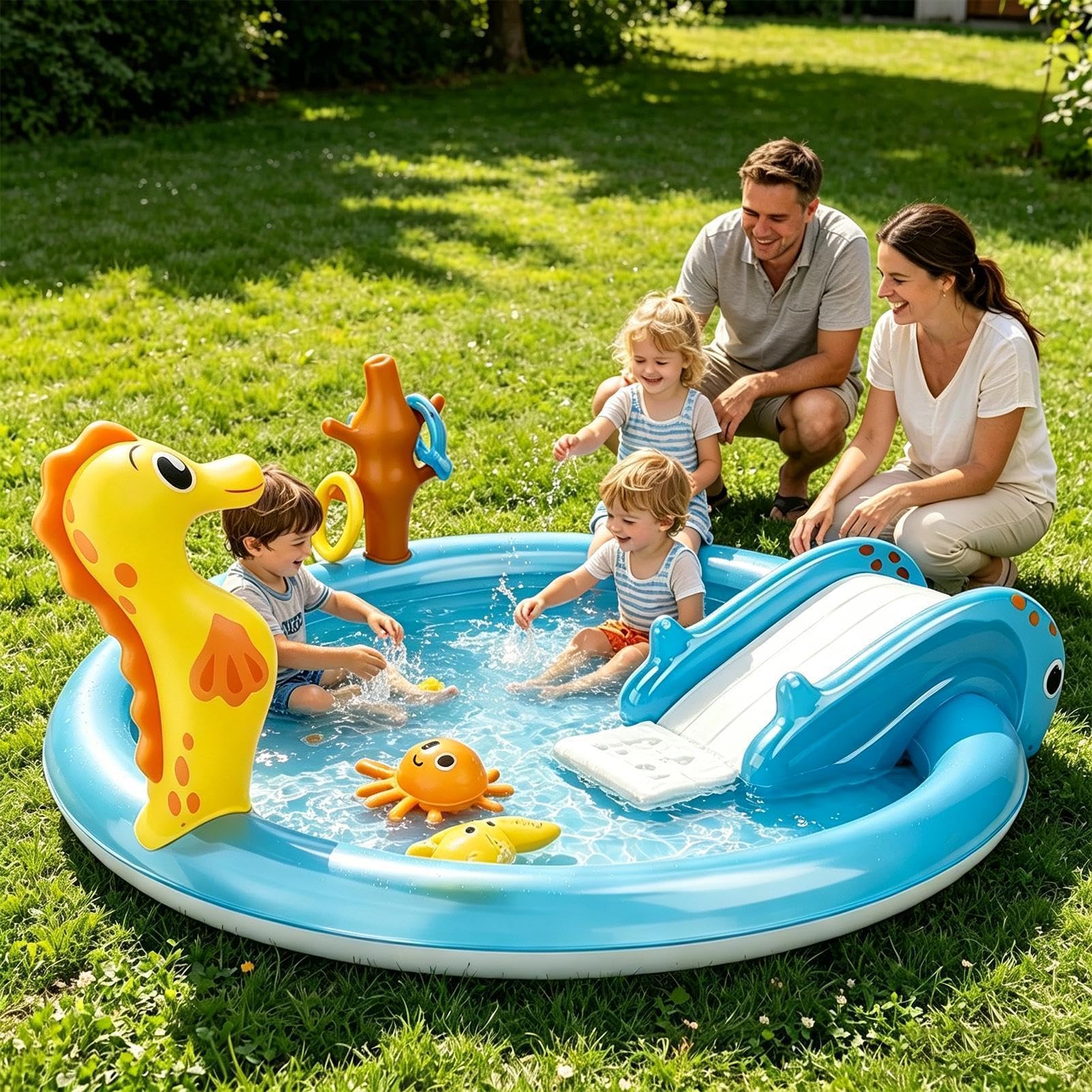 Piscine Enfant avec Toboggan Jouet Gonflable Thème Été