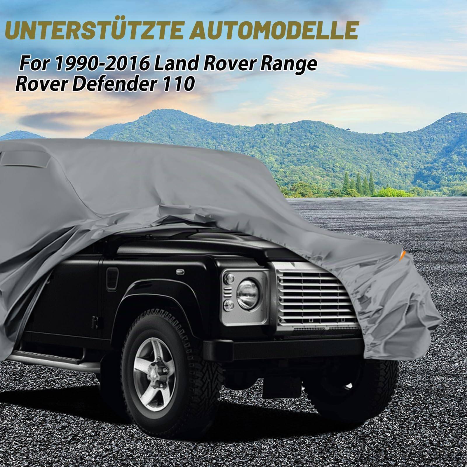 Autoabdeckung Wasserdicht für Land Rover Defender 110 1990-2016 | Grau Vollgarage Autoplane Auto Abdeckplane Winter Sommer Allwetter Outdoor Abdeckung mit Reißverschluss Tür, Windschutzbänder