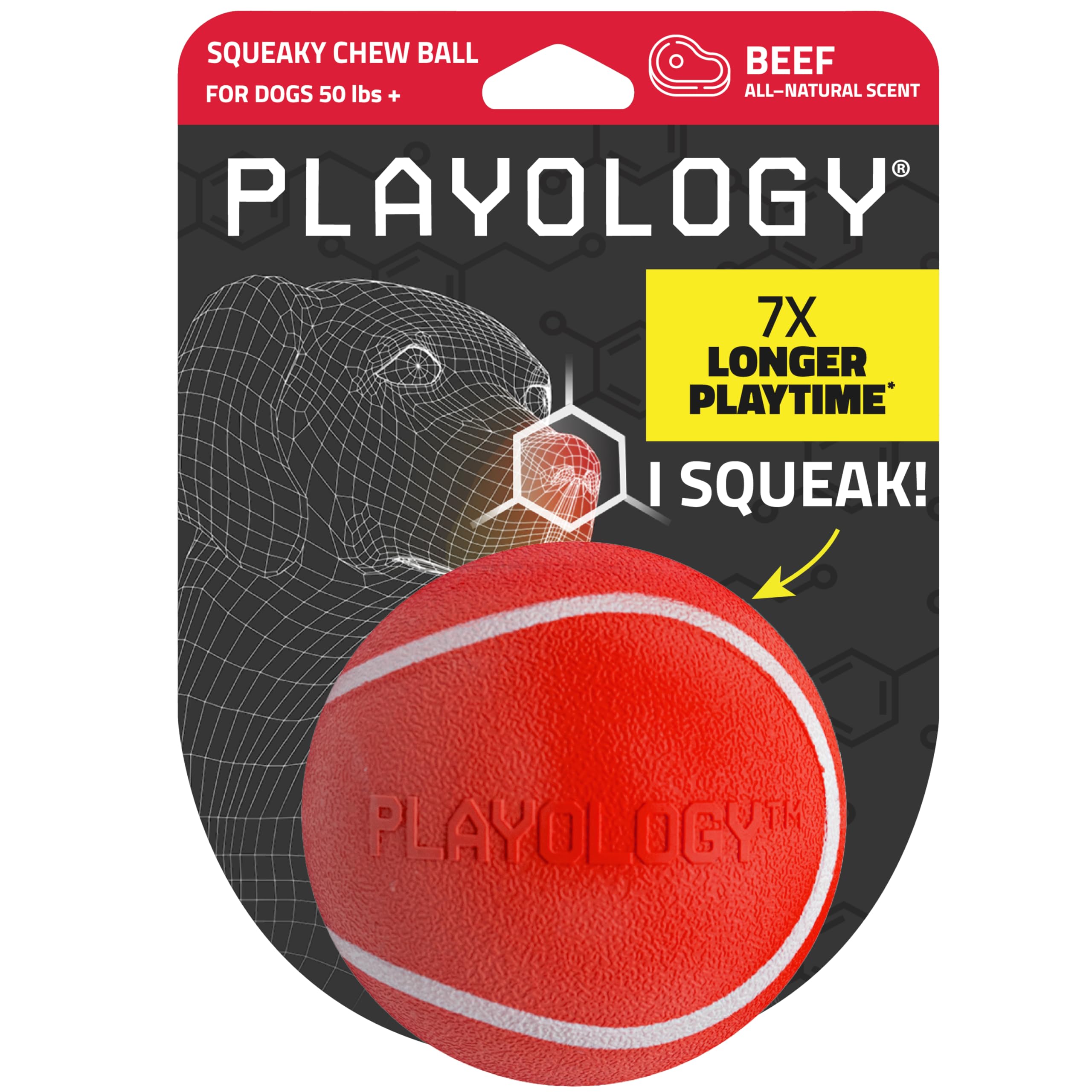 Playology piłka do gryzienia z piszczałką | zajmująca zabawka dla bardzo dużych psów (min. 23 kg) o naturalnym zapachu wołowiny | do gryzienia, aportowania i zabawy - BEEF XL
