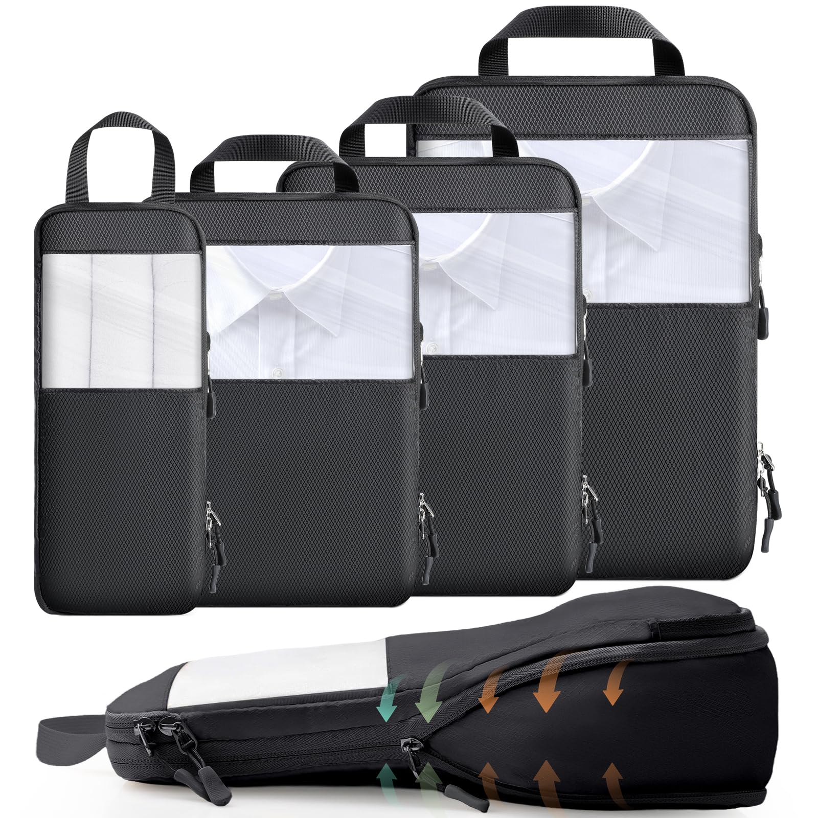Cozary Suitcase Organiser Packing Cubes Compression Pack of 4 - Packing Cubes with High Capacity, Travel Essentials Suitcase Organiser for Hand Luggage, Suitcase and Backpack - Black
