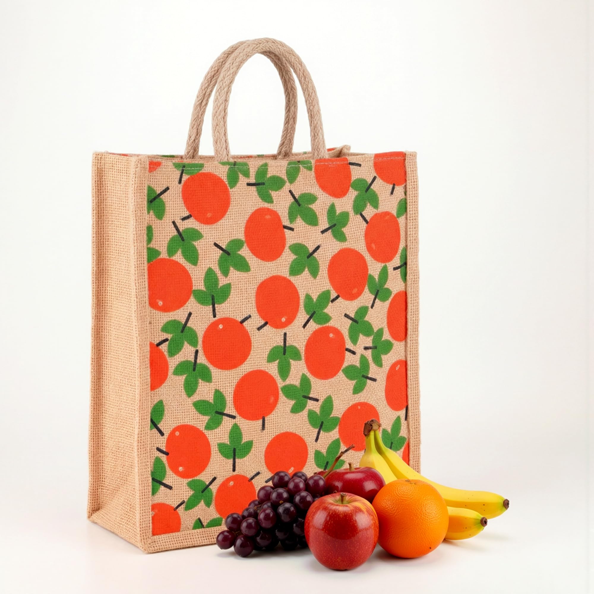 Kuber Industries Jute Shopping Bag for Women with Handle | Multipurpose and Reusable Carry/Shopping Bag for Grocery | Apple Print - Brown & Red-image-38