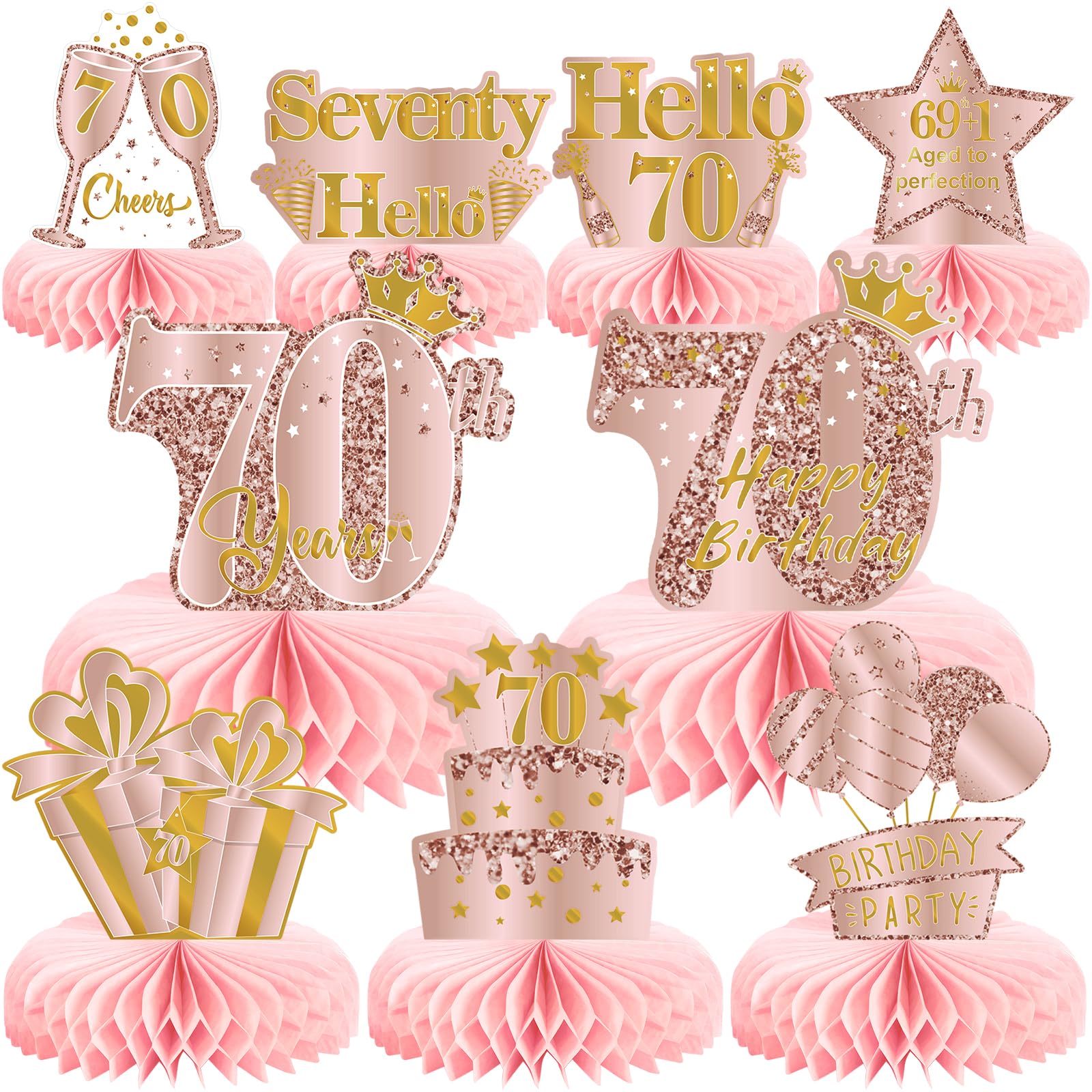 9Pcs 70th Birthday Decorations Pink Rose Gold Honeycomb Centerpieces for Women,Happy 70th Birthday Table Centerpieces Party Supplies,Seventy Year Old Birthday Table Toppers Decor