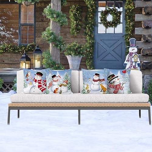 Miniatura 2 de Bonhause Juego de 4 fundas de almohada de invierno con diseño de muñeco de nieve de 18 x 18 pulgadas, diseño de pino nevado para sofá, cama,
