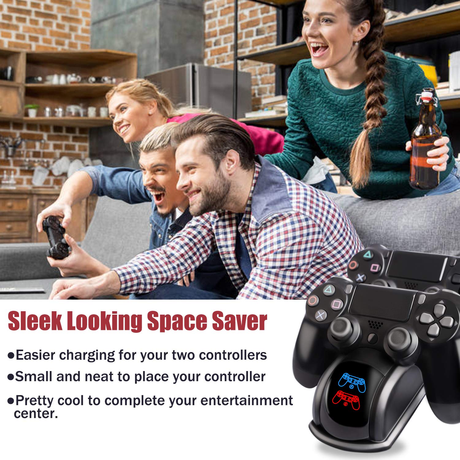 PS4 Controller Charger, PS4 Controller Charging Station Dock Dual USB for Sony Playstation4 / PS4 / PS4 Slim / PS4 Pro Controller, with LED Light Indicators and Charging Cable