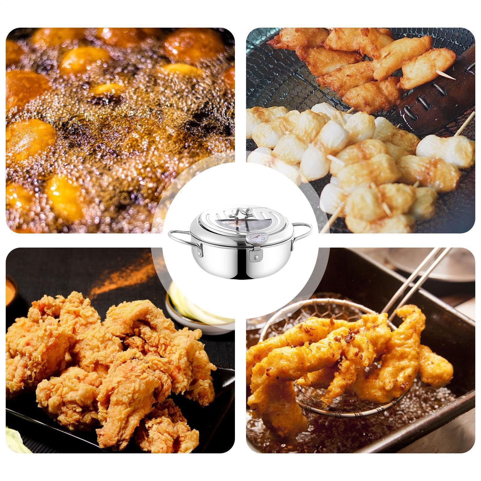 Pentola per friggitrice in acciaio inossidabile, Pentola per friggitrice | con termometri, Friggitrice Tempura in acciaio inossidabile 304 in stile giapponese, facile da pulire e da usare, perfetta pe