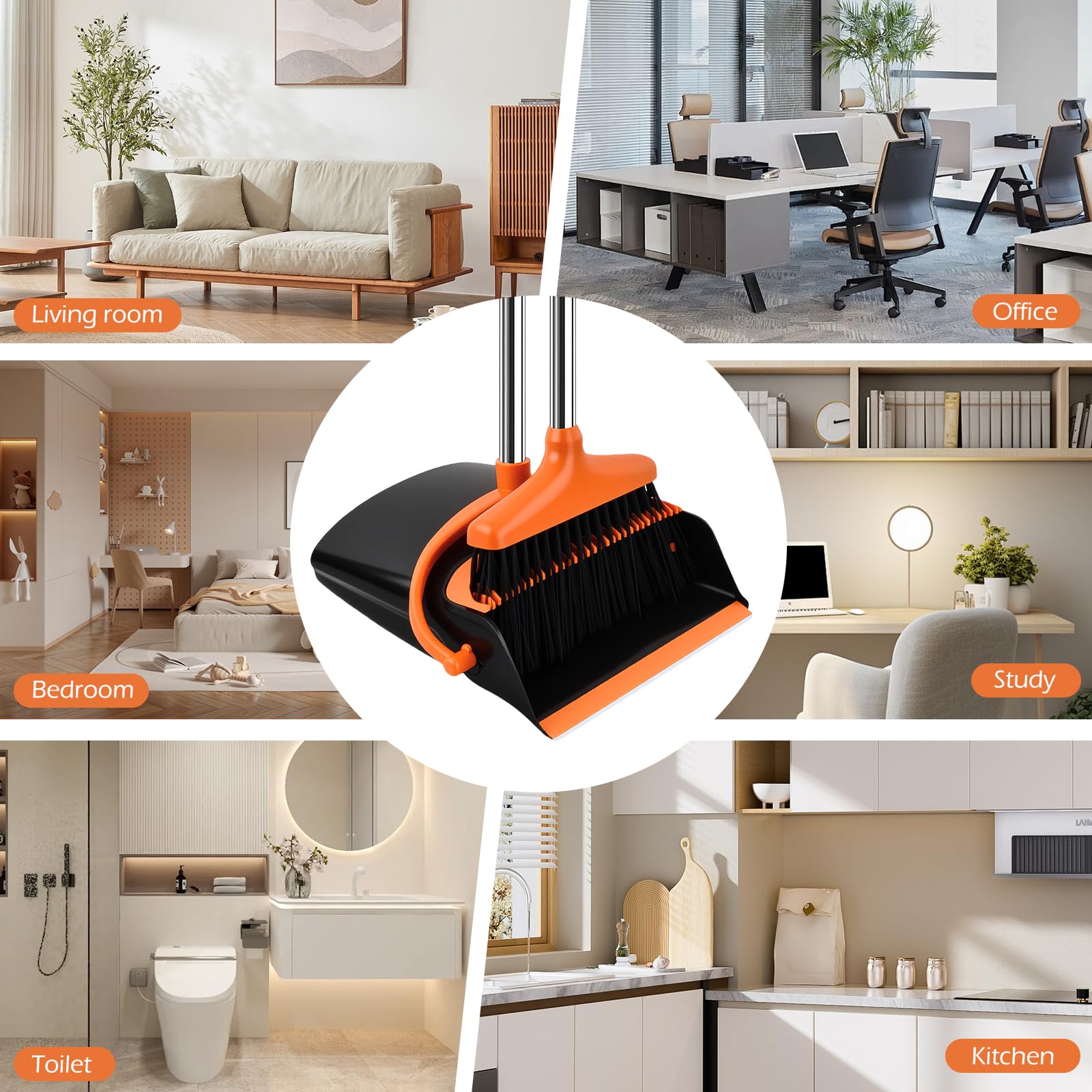 Escoba y Recogedor de Mango Largo 137 cm, Plegable, Combinados, Negro Naranja