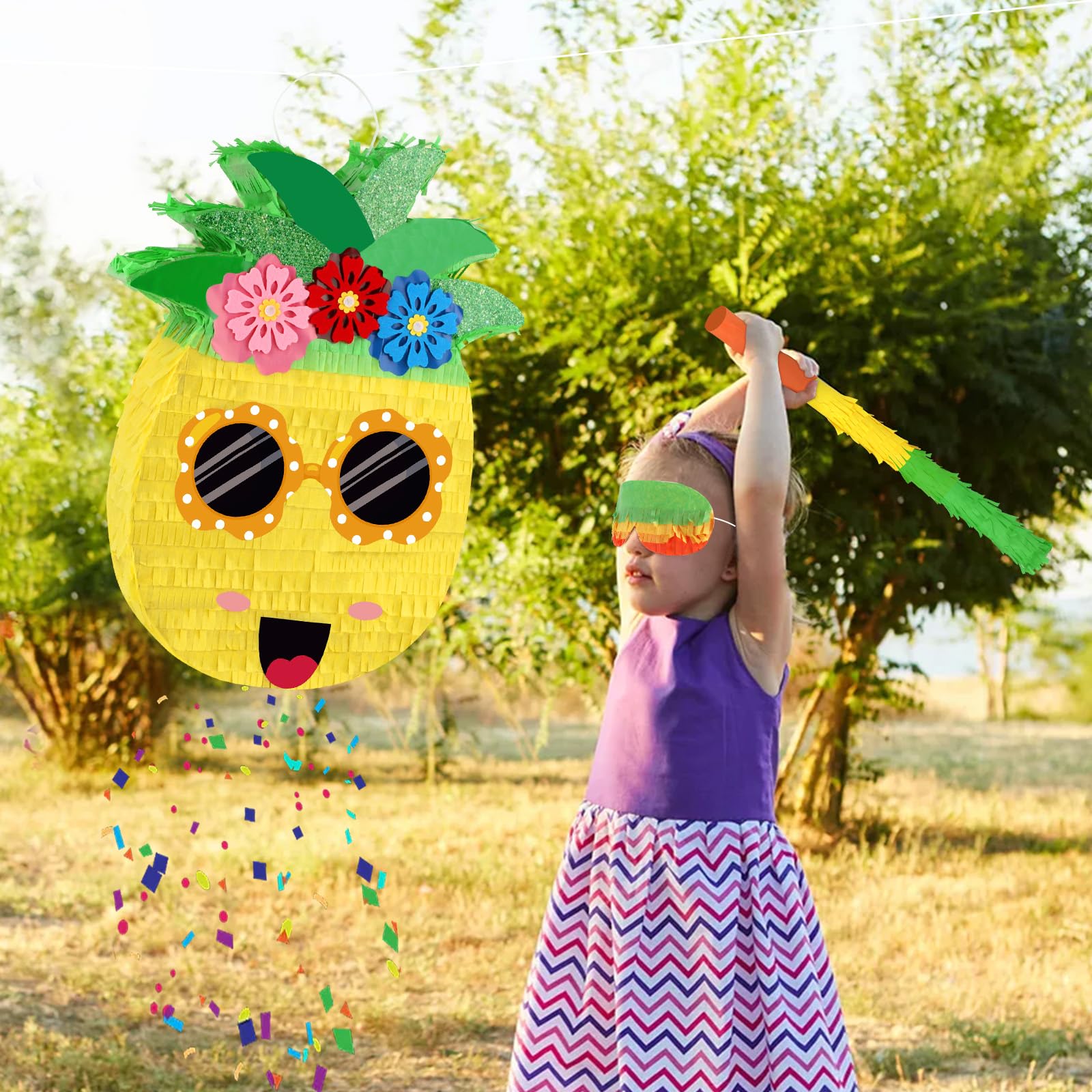Piñata de piñata de verano con palo y venda para los ojos, piñatas grandes y divertidas, decoraciones de fiesta de frutas, juegos de piña para fiestas hawaianas tropicales luau, suministros