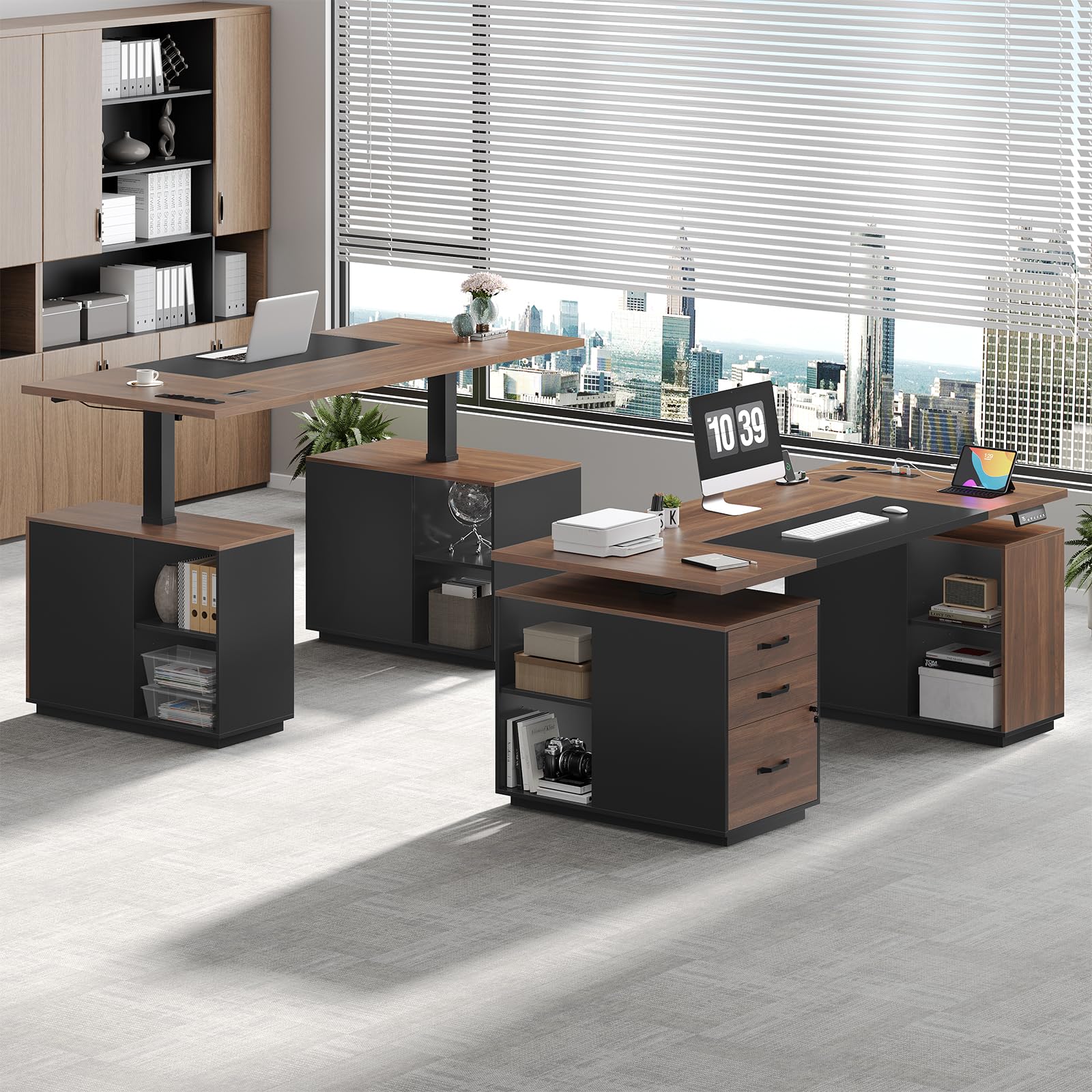 KIMENICH Höhenverstellbarer Schreibtisch elektrisch 140x70 cm, Computertisch mit Schubladen, offene Fächer, Ladefunktion, Stehtisch, Bürotisch, Memory-Funktion, Schwarz