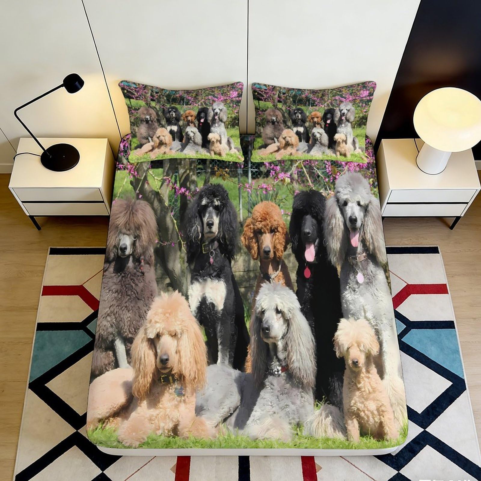 3D Printed Poodle Dogs Fitted Sheet Microfiber Soft Anti-Slip Mattress Cover for Bedroom Guestroom Easy Care Decor 90x200x25cm
