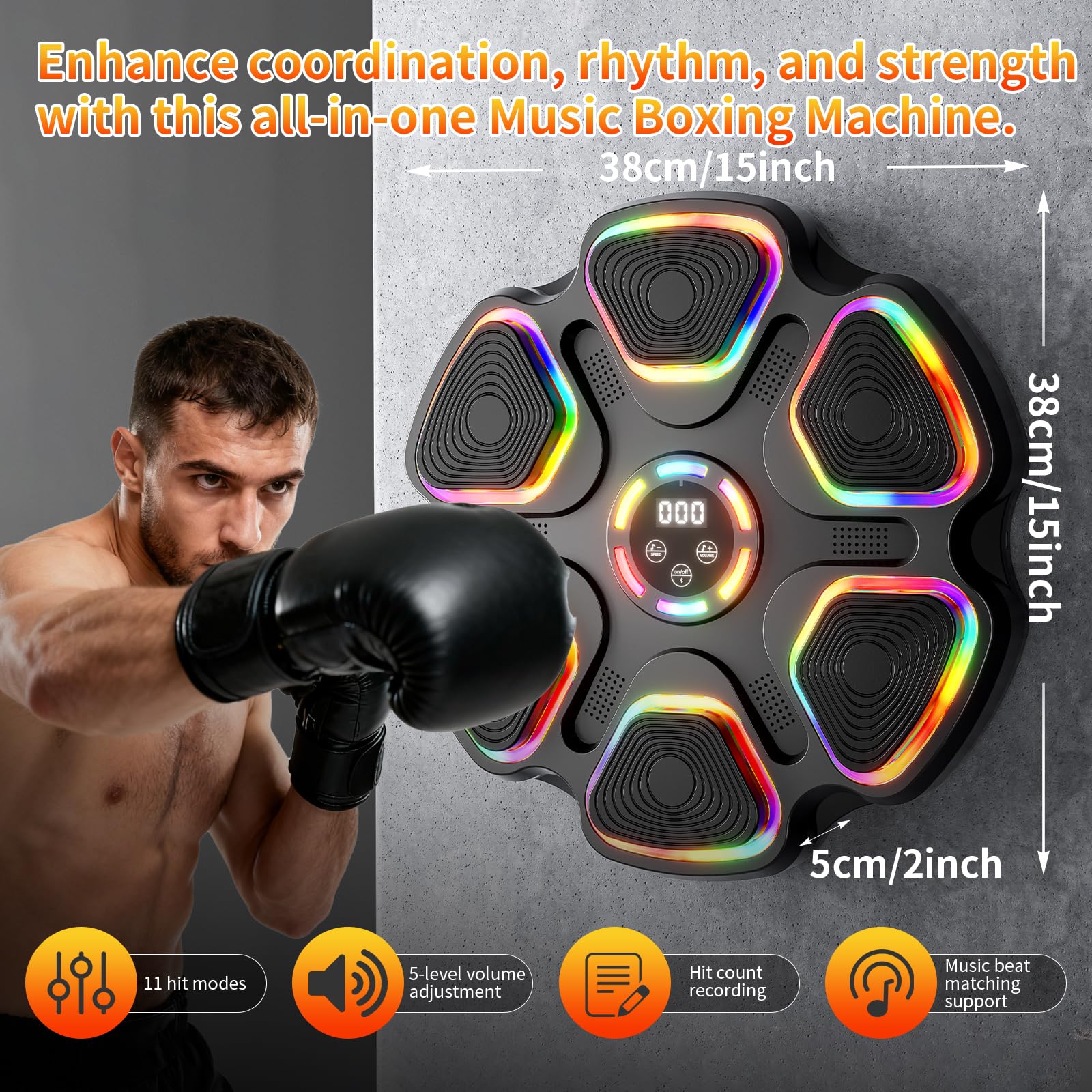 Máquina de boxeo musical con guantes de boxeo, máquina de montaje en pared para niños y adultos, equipo inteligente de gimnasio de boxeo Bluetooth, equipo de entrenamiento de boxeo para el hogar