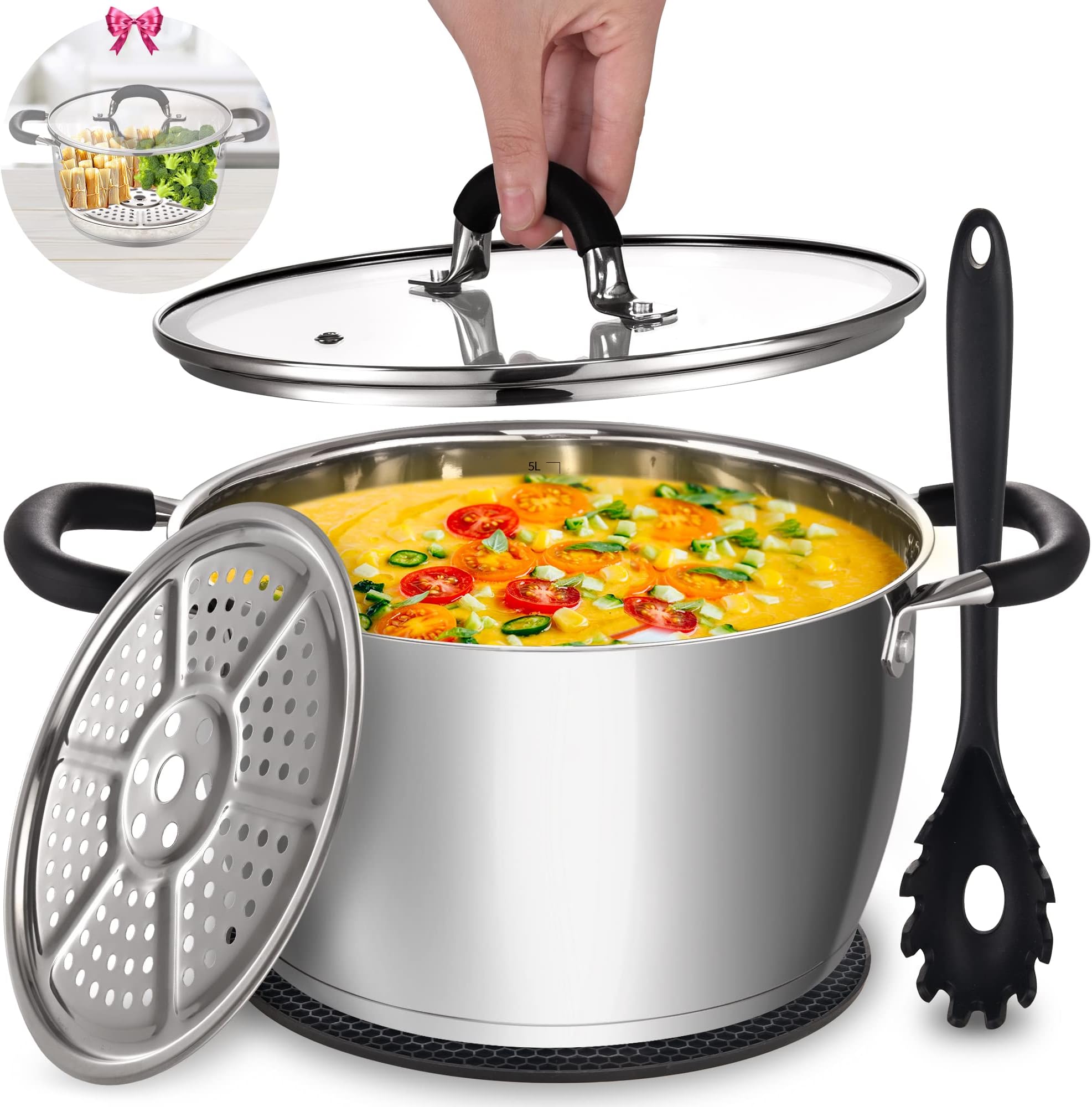 AOSION 6 Quart Steamer Pot With Lid, Nonstick Ceramic Steam Pot with Ladle (Stainless Steel Stockpot)