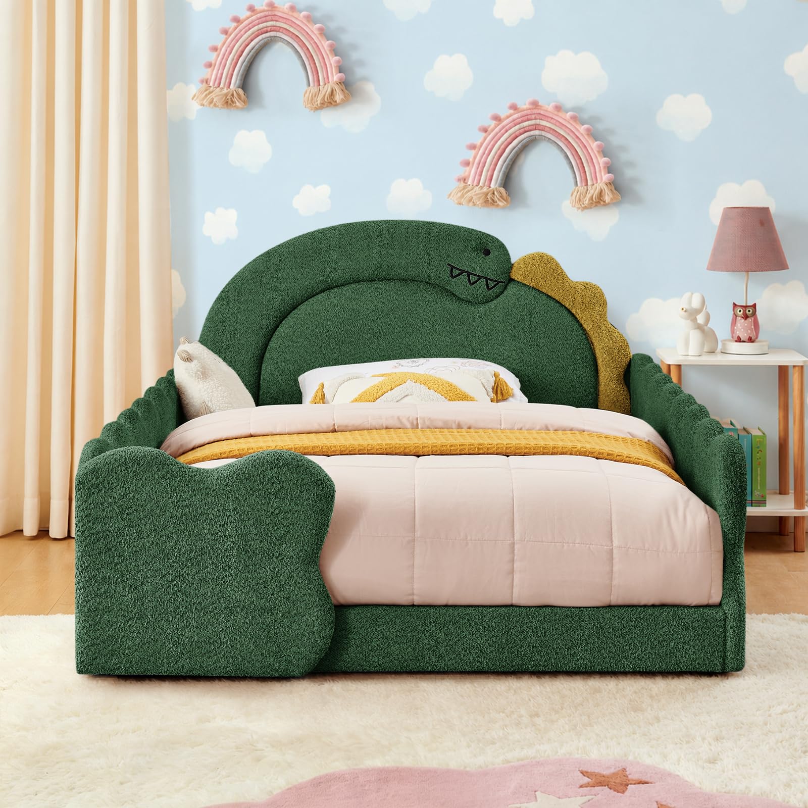 Full Size Kids Bed with Dinosaur Headboard, Upholstered Boucle Fabric Twin Daybed with Slats Support &amp; Side Pocket, Space-Saving Wooden Corner Sofa Couch Day Bed Frame for Girl, Boy, Teenager(Green)
