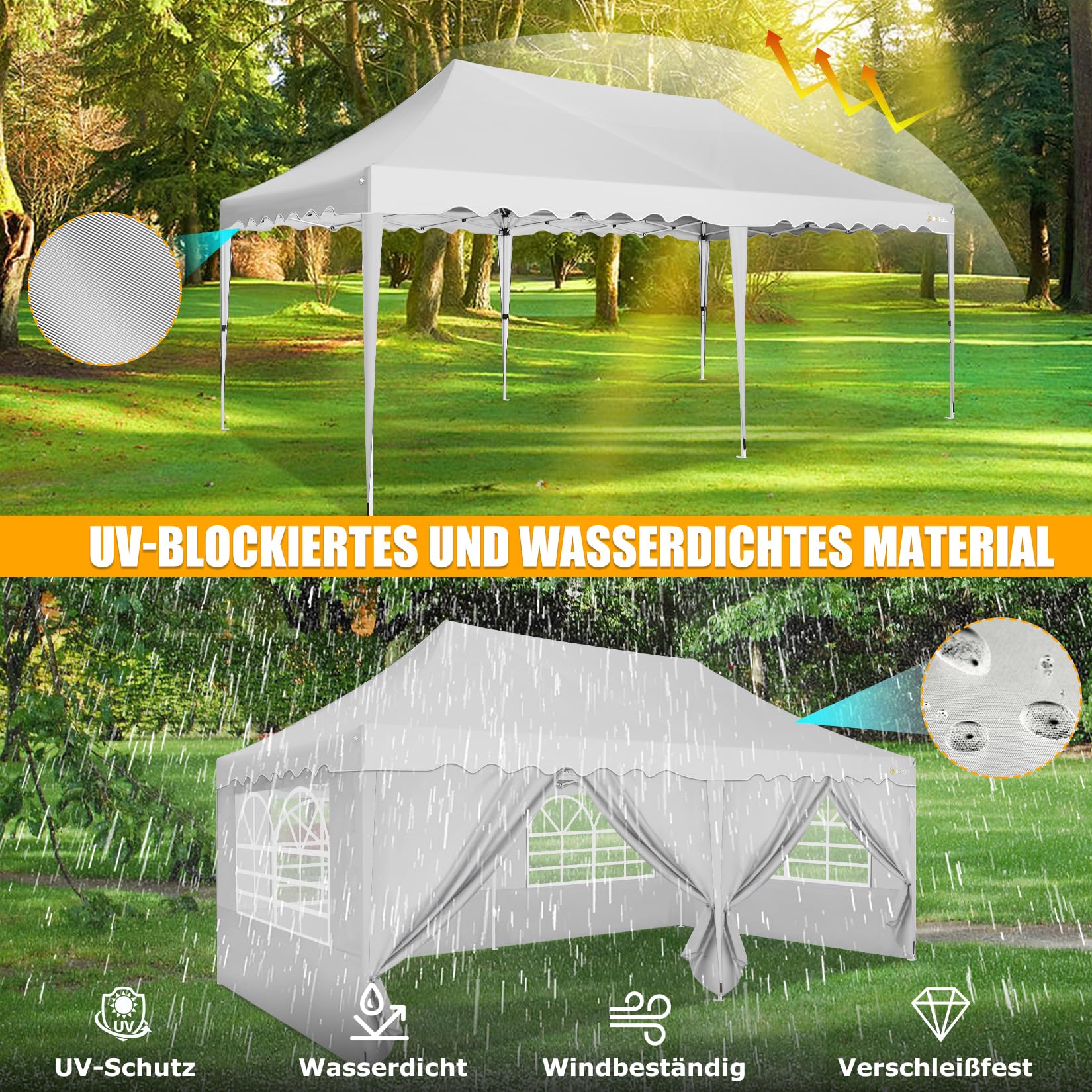 HOTEEL Pavillon 3x6 Faltpavillon 3x6 Wasserdicht Stabil, Partyzelt Faltbar Anti-Uv 50+ Pop Up Gartenpavillon mit 6 Seitenwänden, 4 Sandsäcke, Tasche mit Rollen, für Hochzeiten Partys Markt, Weiß