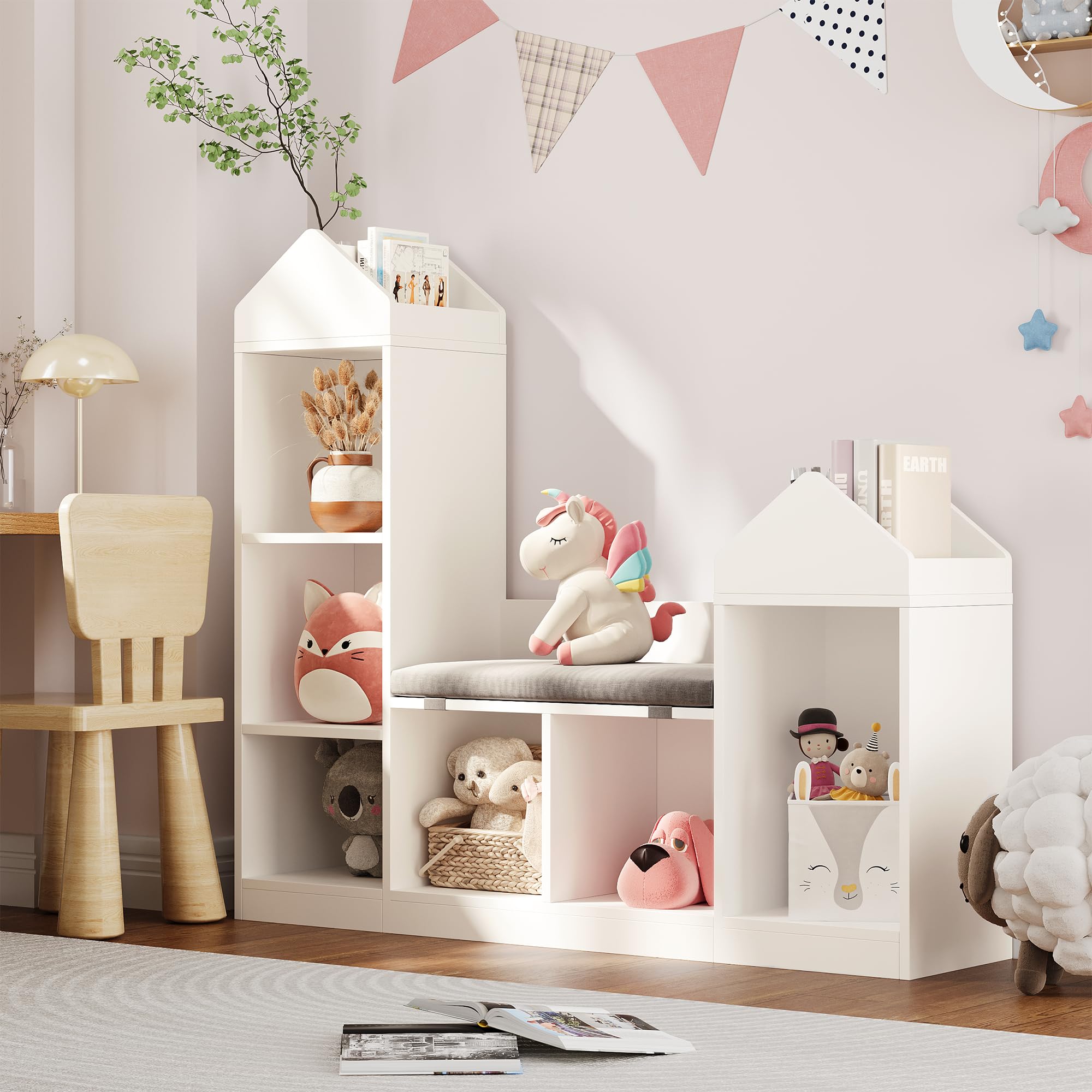 Praktisches Kinder Bücherregal mit 6 Fächern und Sitzkissen – | Holzregal zur Aufbewahrung von Büchern & Spielzeug – Sitzbank für Kinderzimmer und Spielzimmer – 121 x 30 x 108 cm