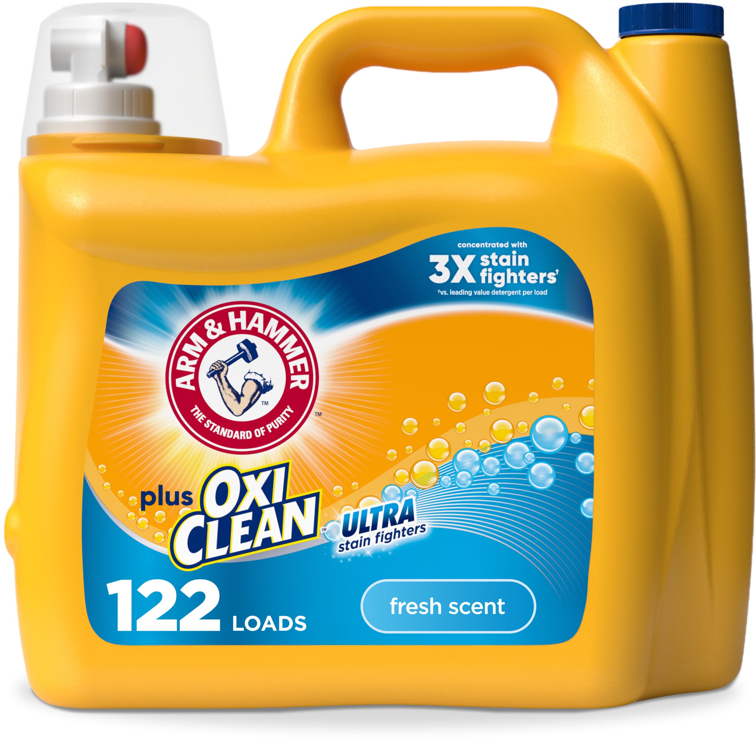 ARM & HAMMER Plus OxiClean Ultra Stain Fighters Liquid Laundry Detergent, Stain Remover for Clothes, Fresh Scent, 122 Loads, 158.6 Fl Oz