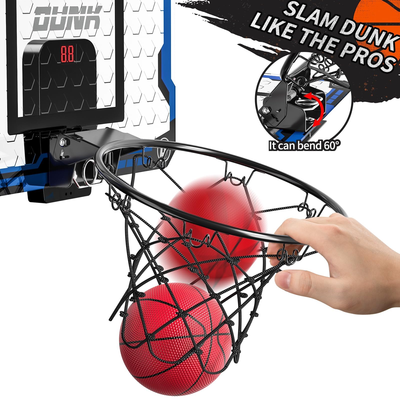 TEMI Canasta de baloncesto para interiores, minicanasta de baloncesto con 4 pelotas, sobre la puerta, tablero de baloncesto para niños y adultos, juguete de baloncesto para niños y niñas, edad 3, 4,